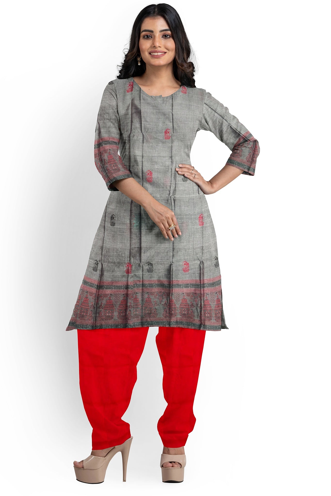 Deep Blue Top With Red Pant & Rust Chunri Bomkai Dress Set