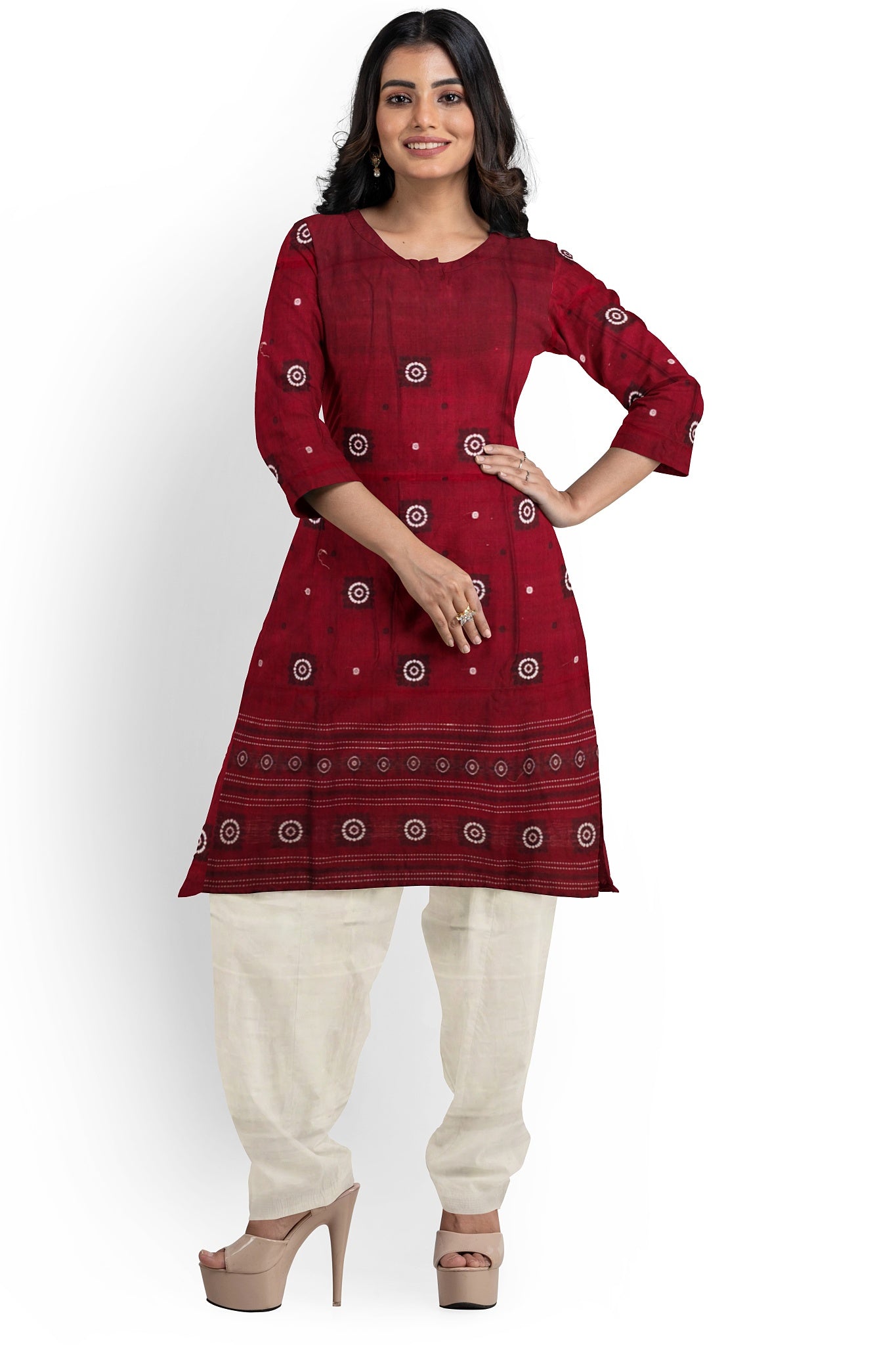 Maroon With White Pant & Chunri Bomkai Dress Set