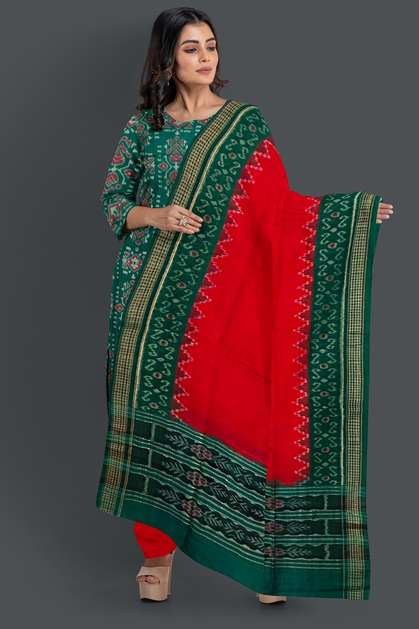 Green Top With Red Pant & Chunri Body Bandha Dress Set