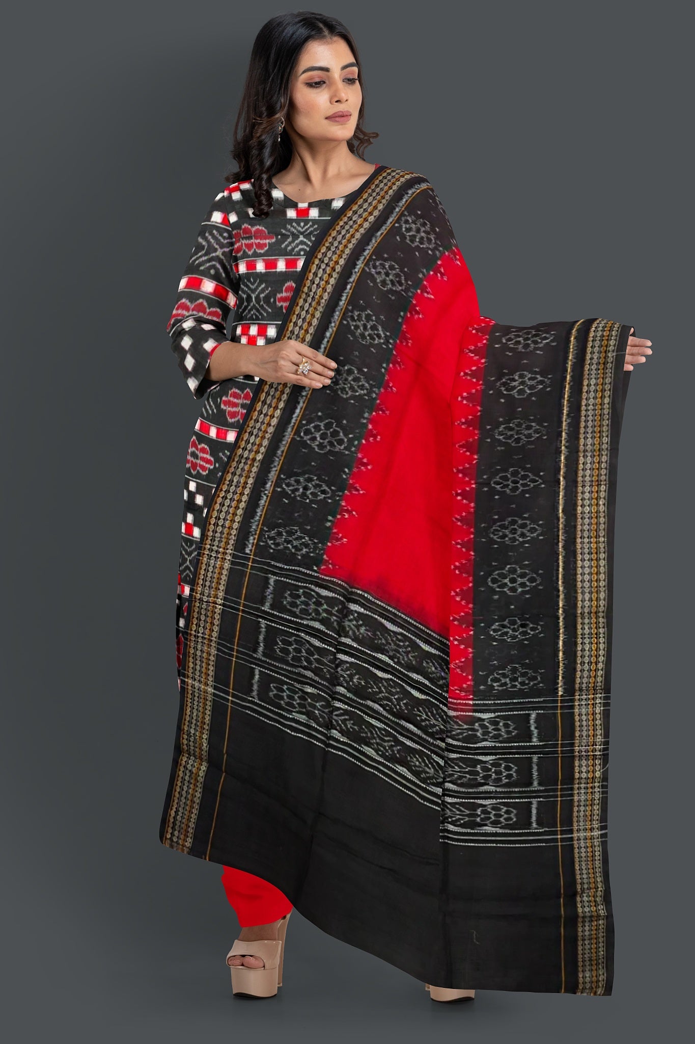 Black Top With Red Pant & Chunri Pasapalli Dress Set