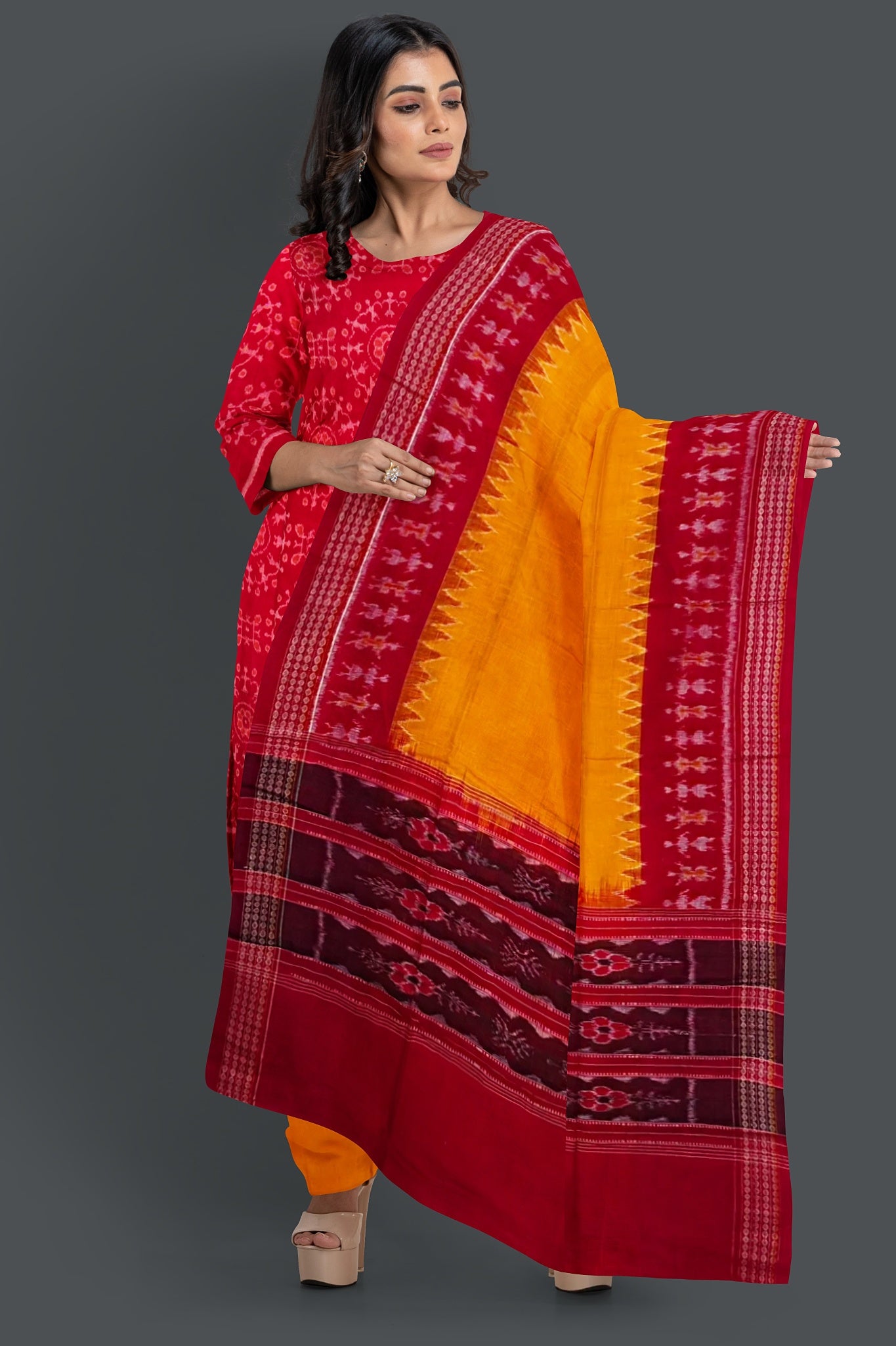 Red Top With Yellow Pant & Chunri Body Bandha Dress Set