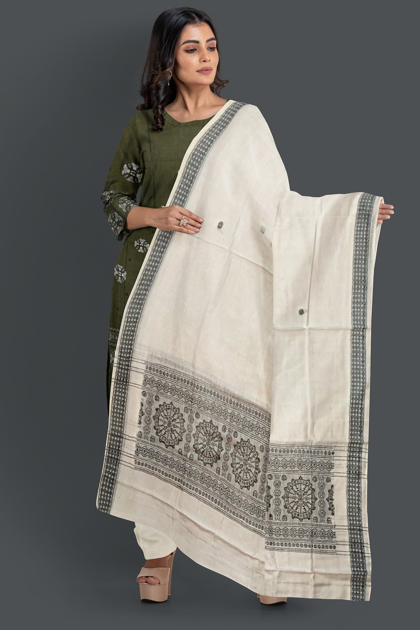 Dark Olive Green Top With White Pant & Chunri Bomkai Dress Set