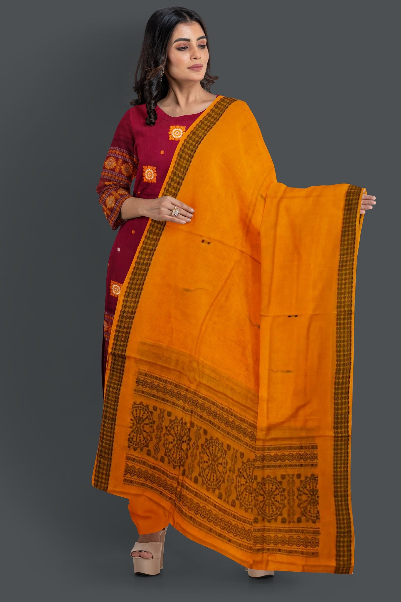 Maroon With Yellow Pant & Chunri Bomkai Dress Set
