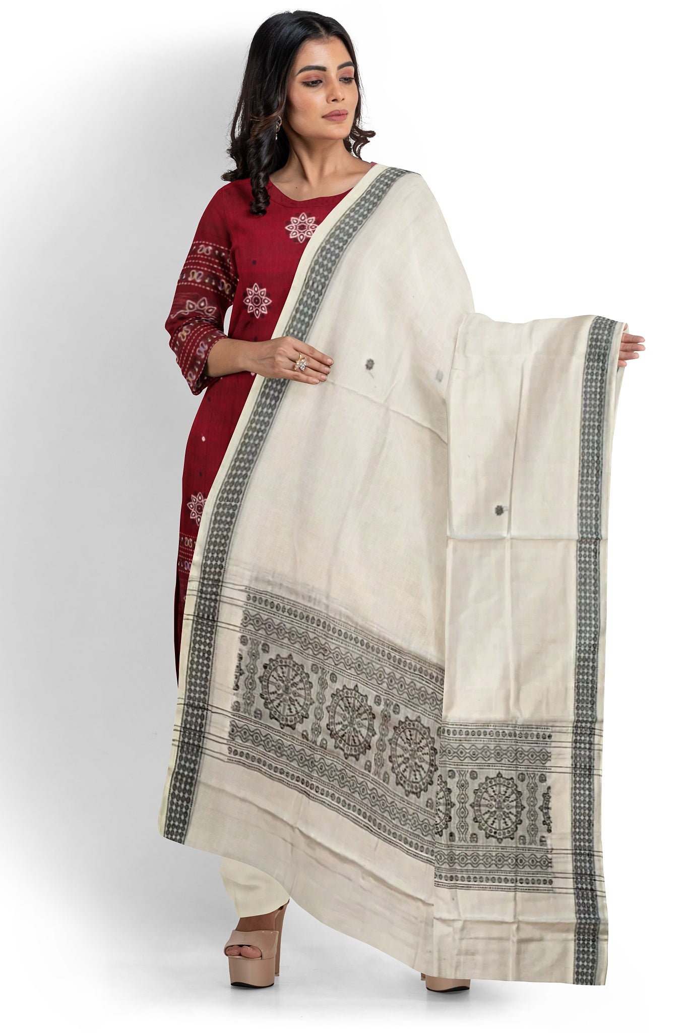 Deep Maroon With White Pant & Chunri Bomkai Dress Set