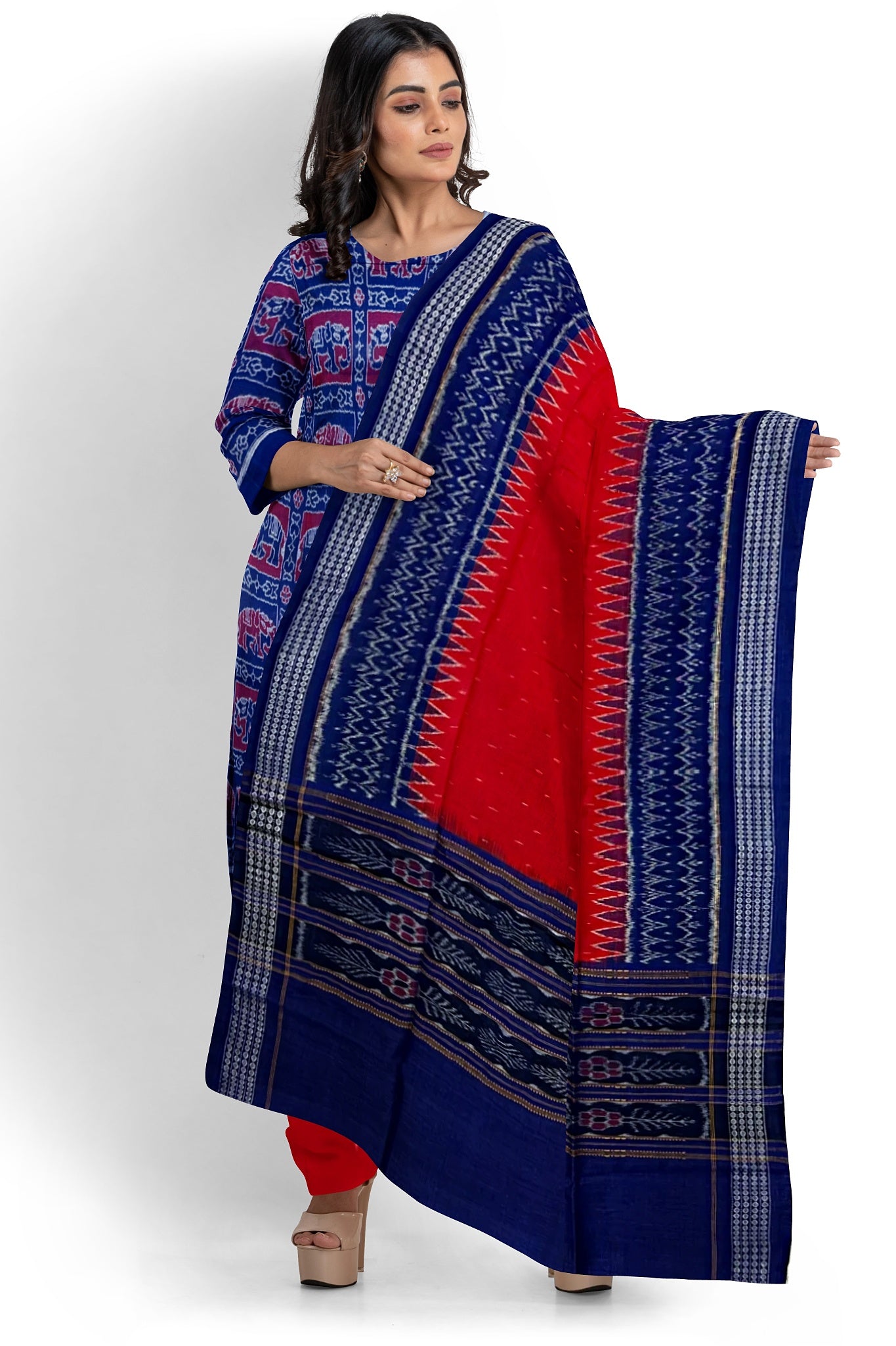 Blue Top With Red Pant & Chunri Body Bandha Dress Set