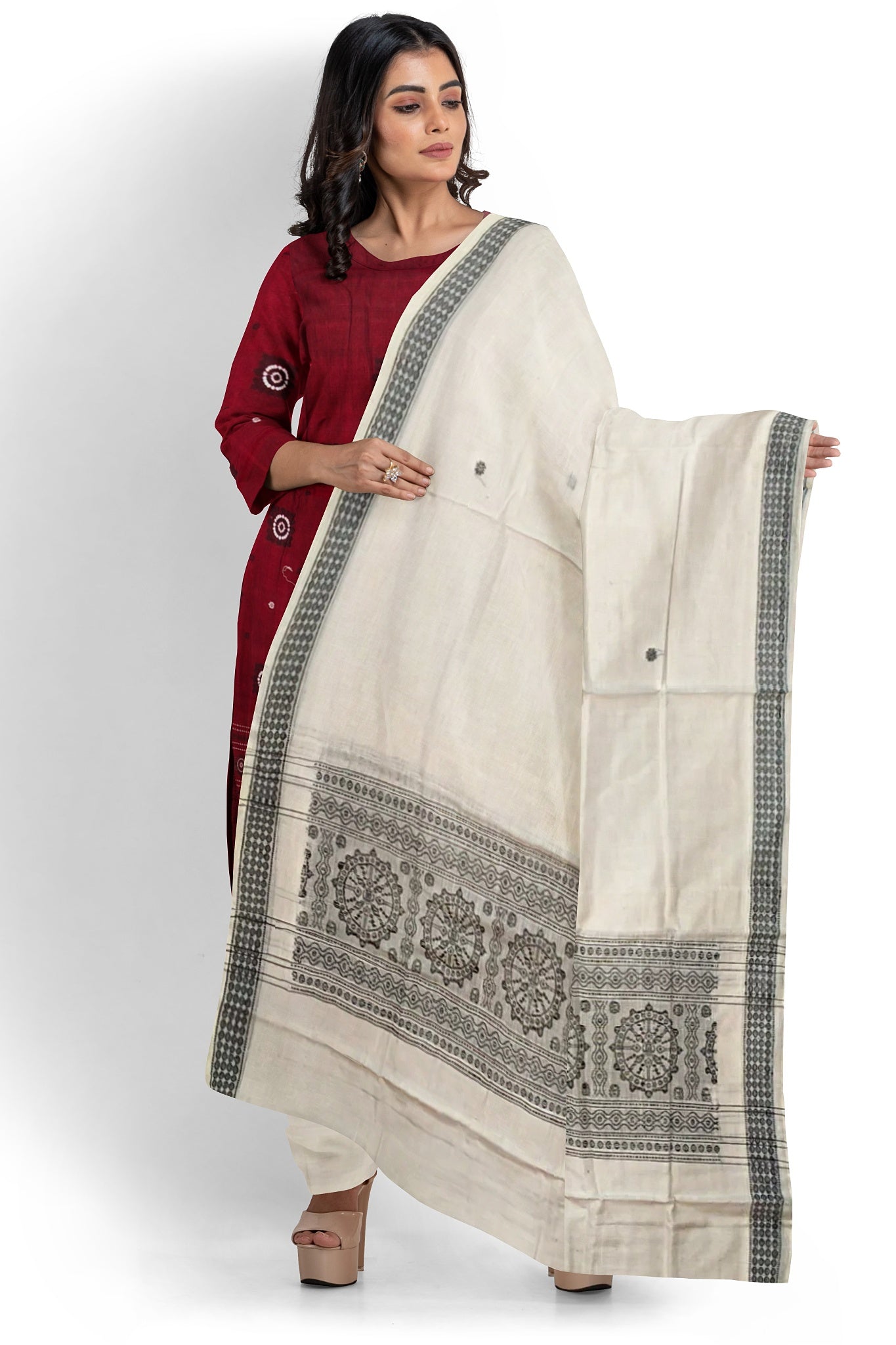 Maroon With White Pant & Chunri Bomkai Dress Set