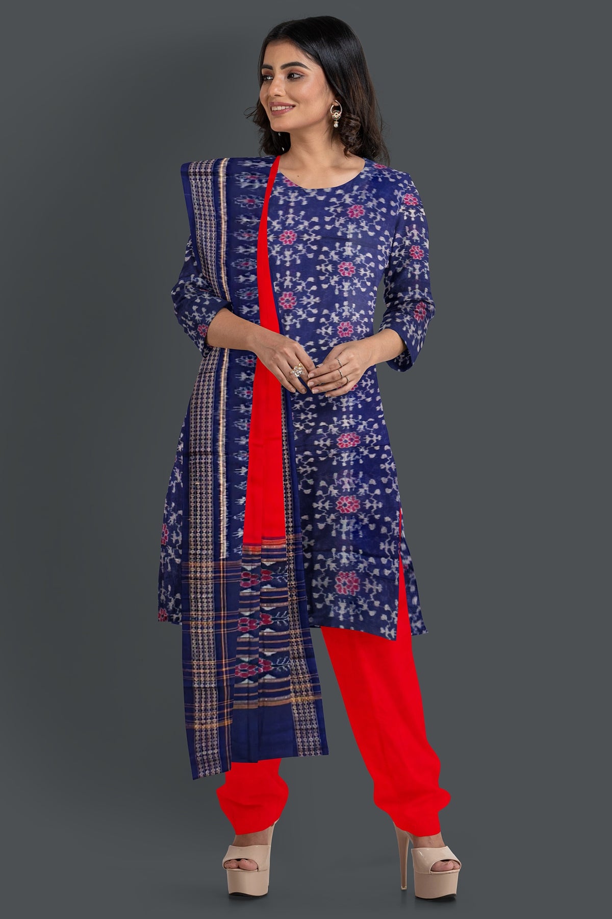 Blue Color Top With Red Color Pant & Chunri Body Bandha Dress Set