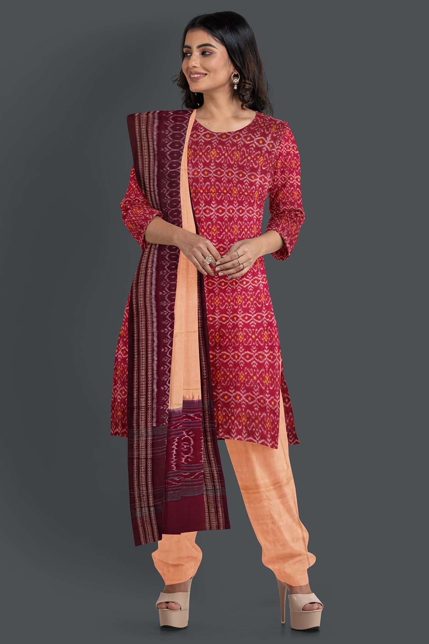 Deep maroon Top With Peach Pant & Chunri Body Bandha Dress Set