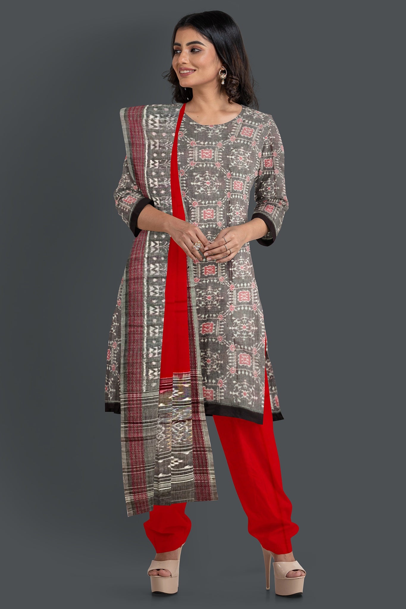 Redish silver Top With Red Pant & Chunri Body Bandha Dress Set