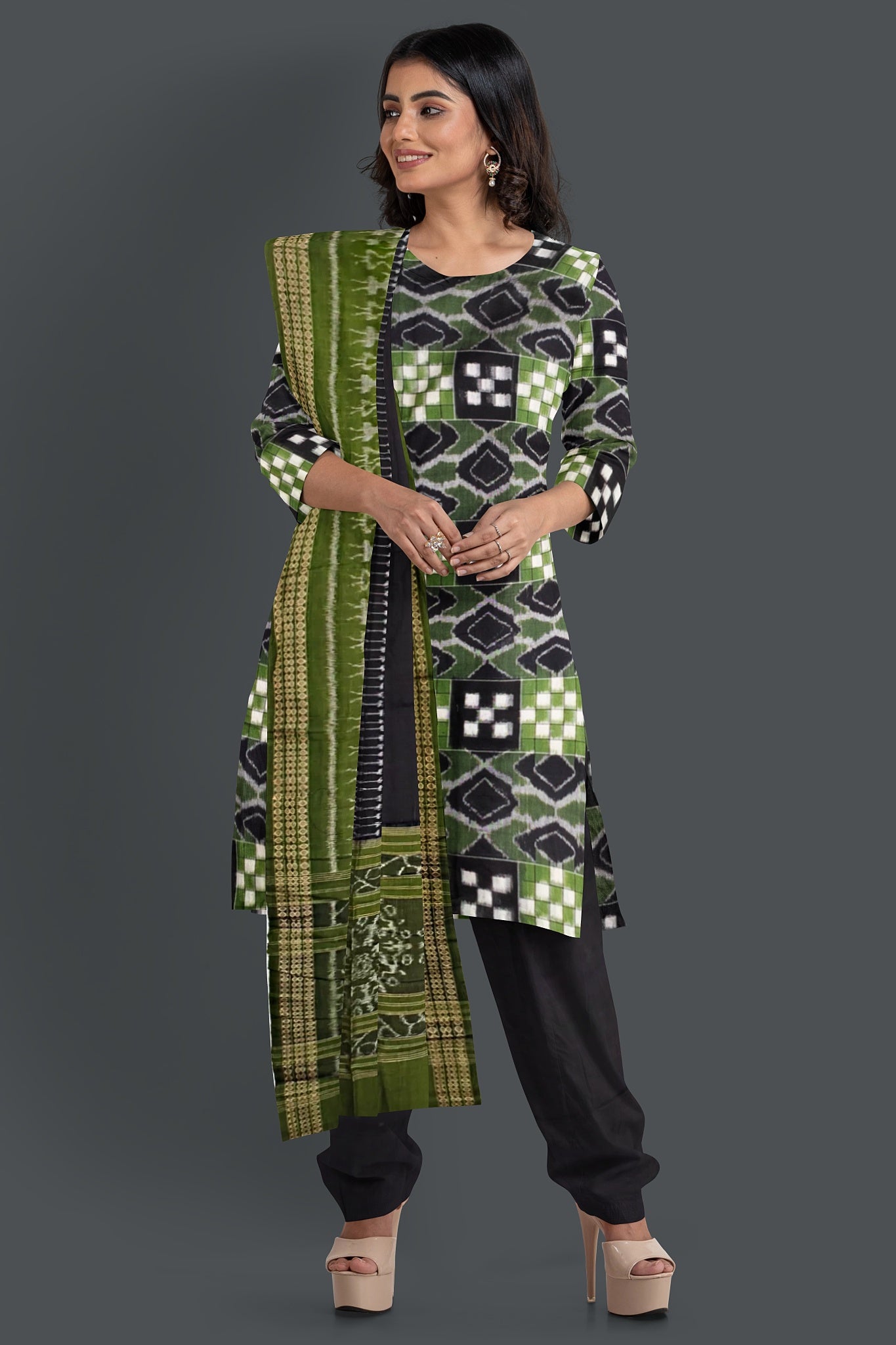 Black Top With Black Pant & Olive Green Chunri Pasapalli Dress Set