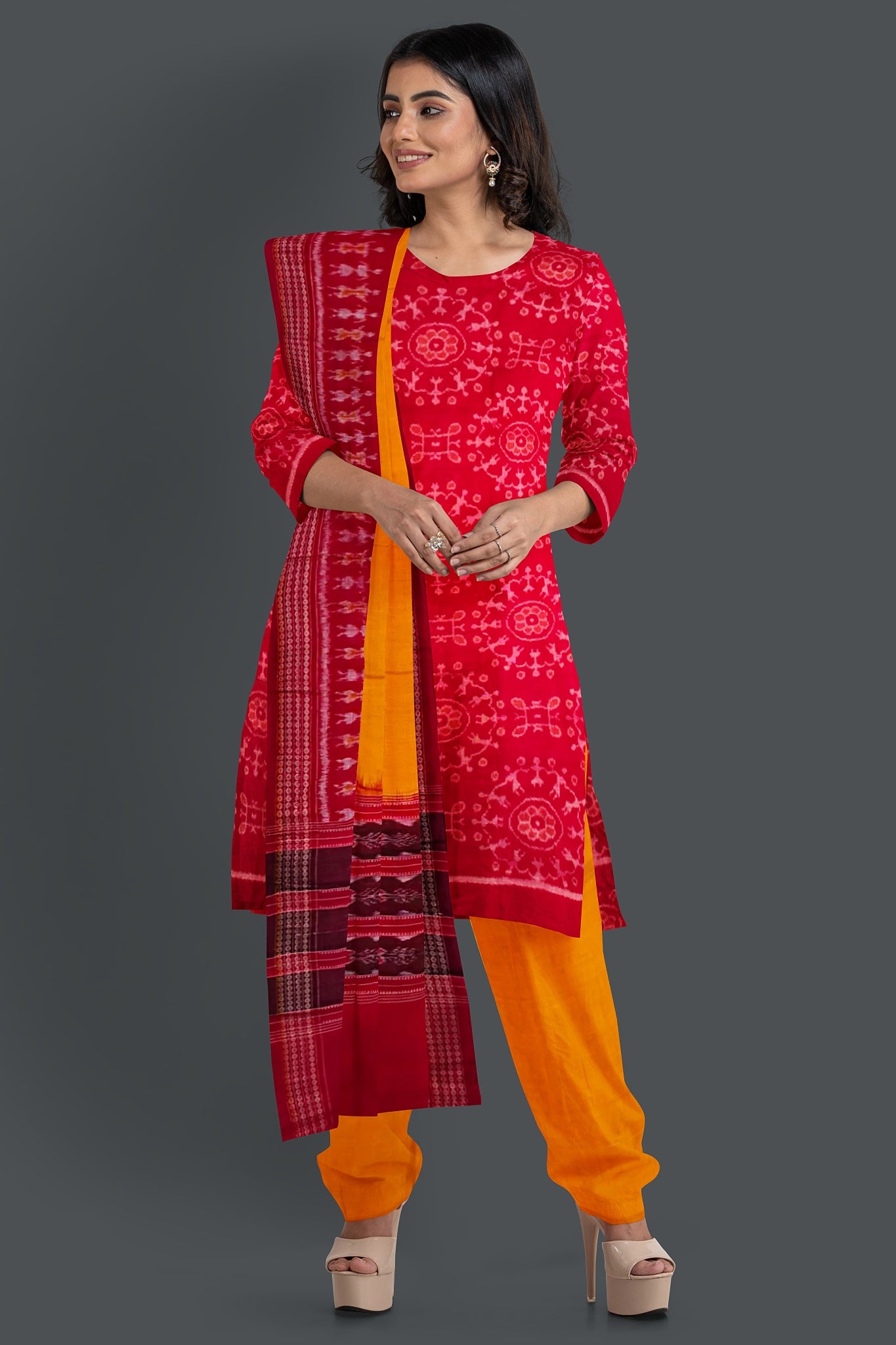 Red Top With Yellow Pant & Chunri Body Bandha Dress Set