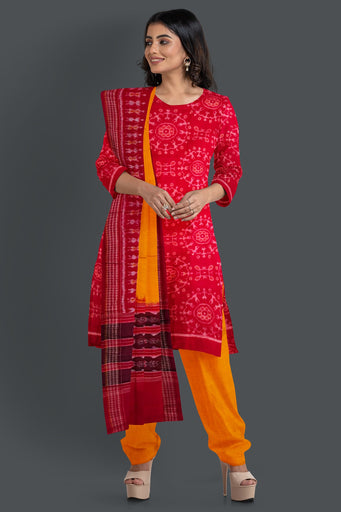 Red Top With Yellow Pant & Chunri Body Bandha Dress Set