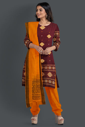 Deep Maroon With Yellow Color Pant & Chunri Bomkai Dress Set