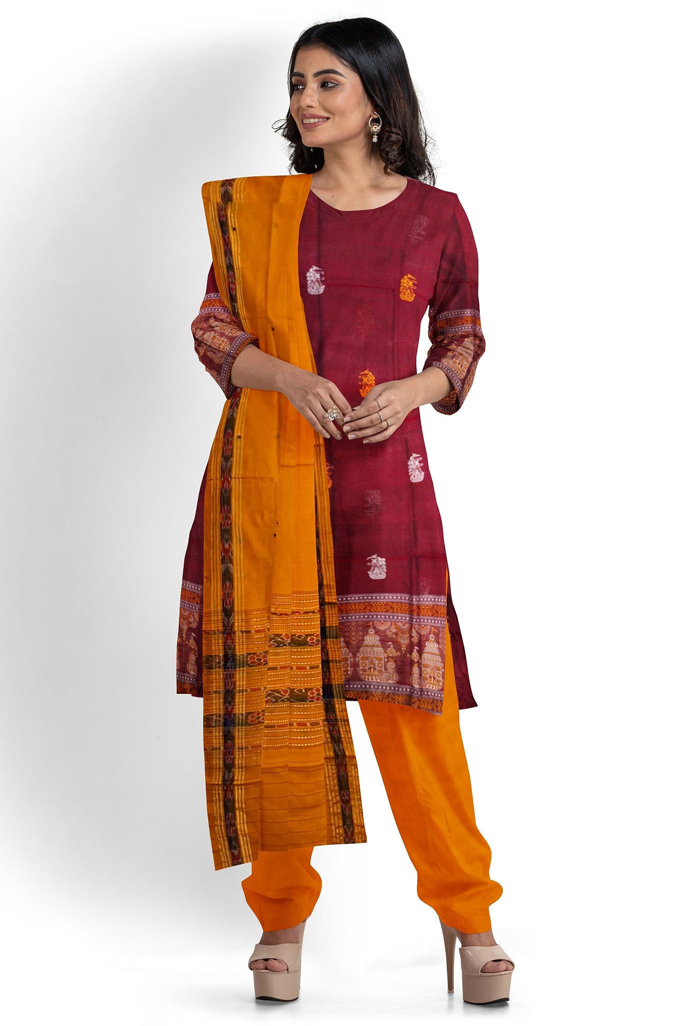 Deep Maroon With Yellow Pant & Chunri Bomkai Dress Set