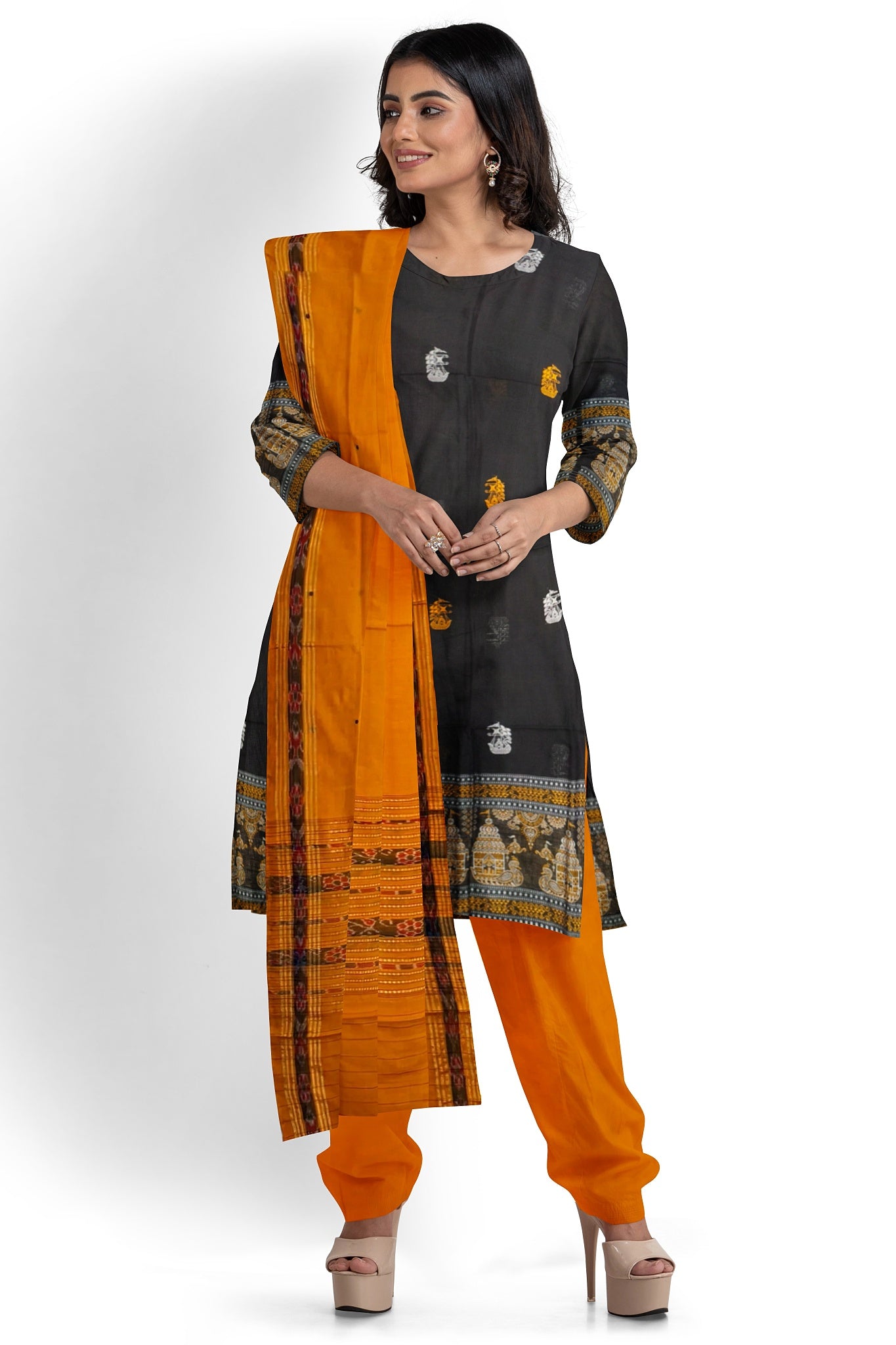 Black With Yellow Pant & Chunri Bomkai Dress Set
