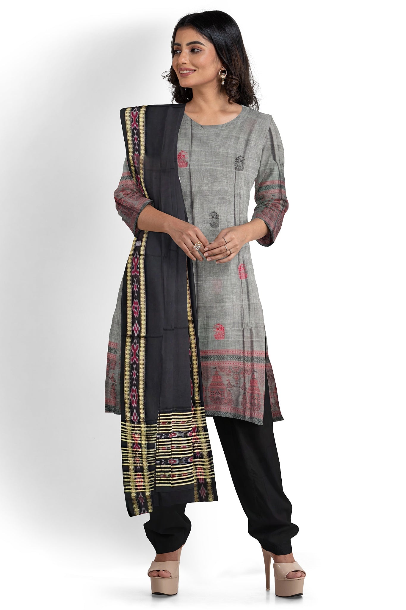 Grey With Black Pant & Chunri Bomkai Dress Set