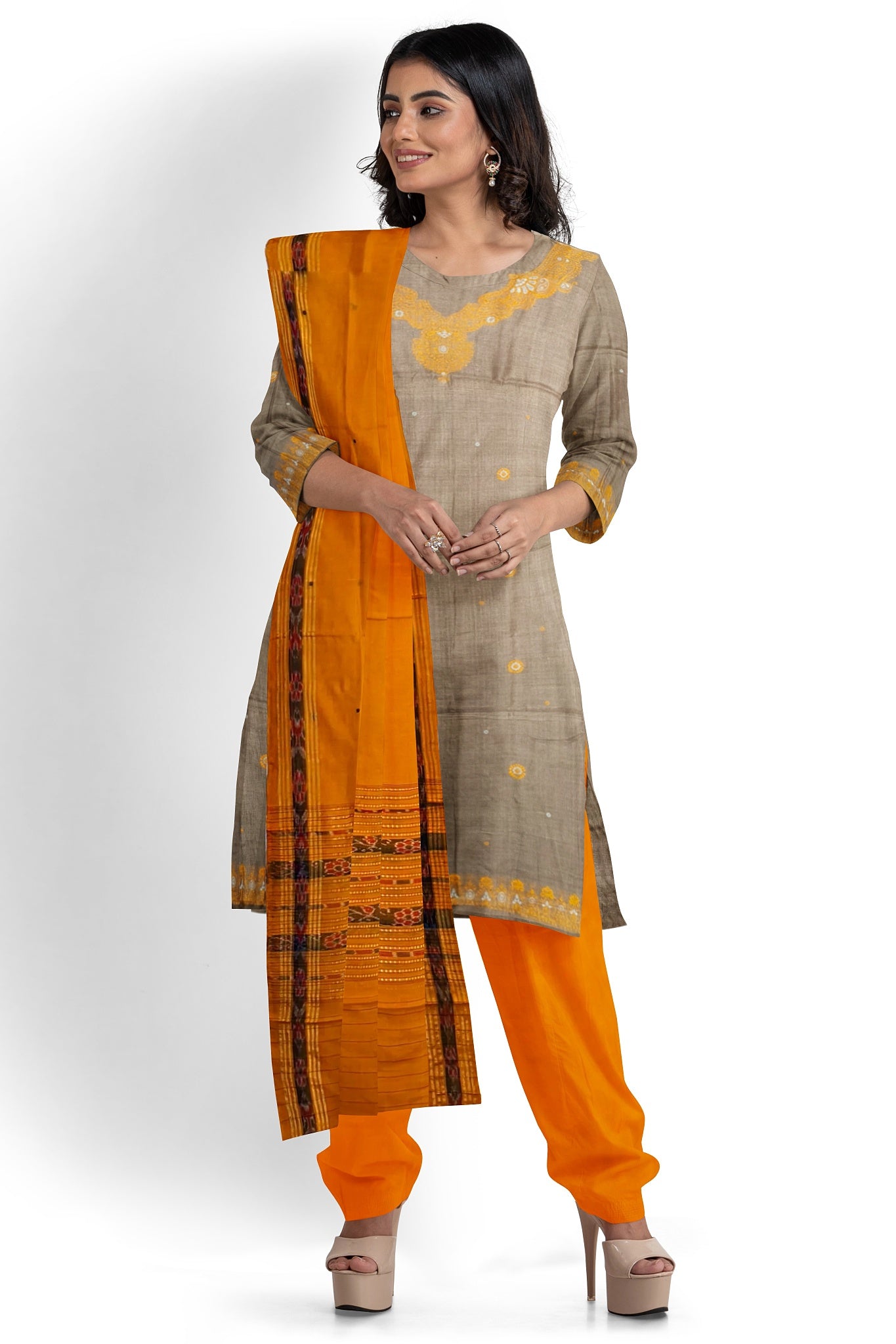 Tan Color Top With Yellow Pant & Chunri Bomkai Dress Set Necklace Design