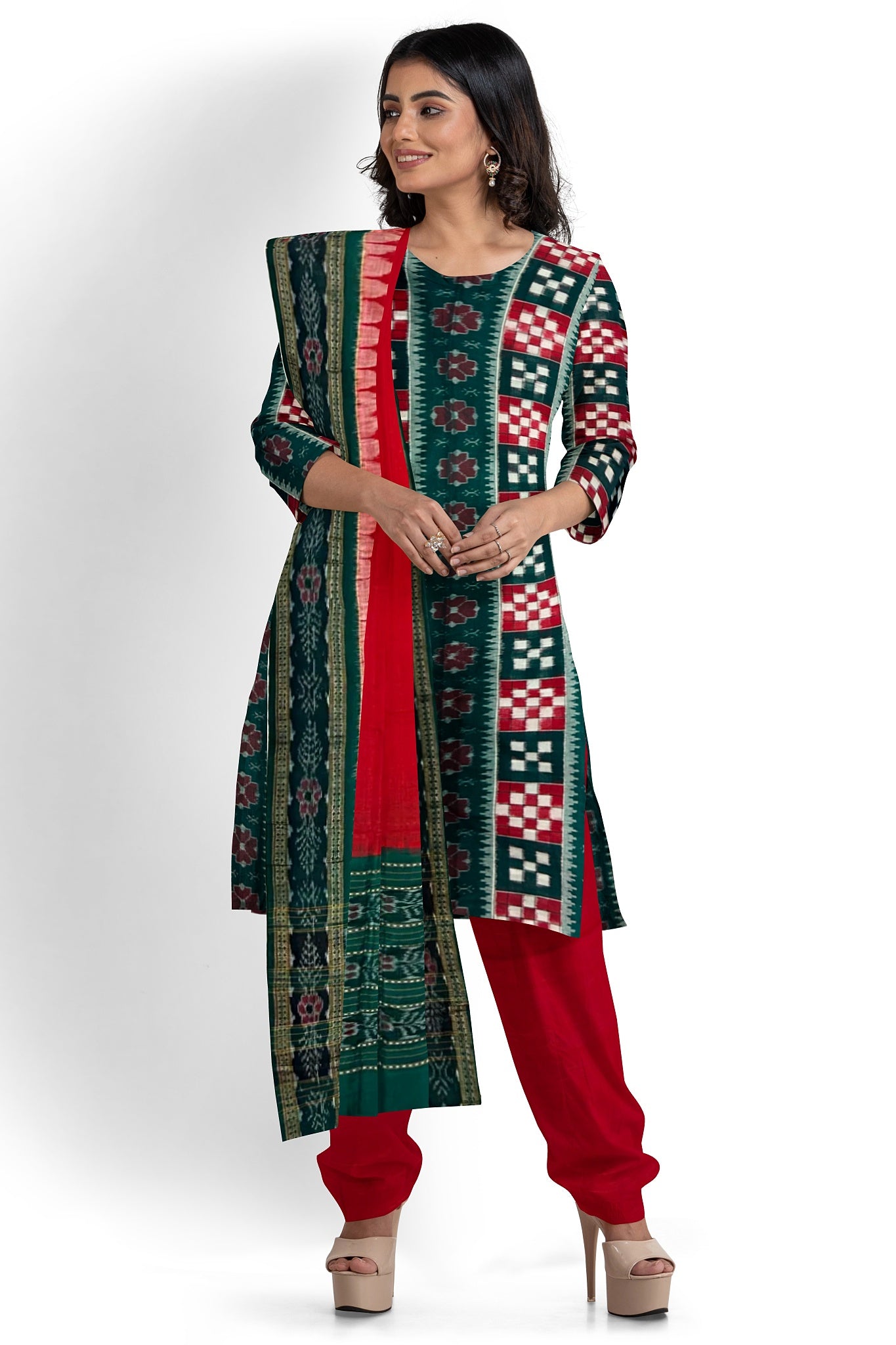 Green Top With Red Pant & Chunri Pasapalli Dress Set
