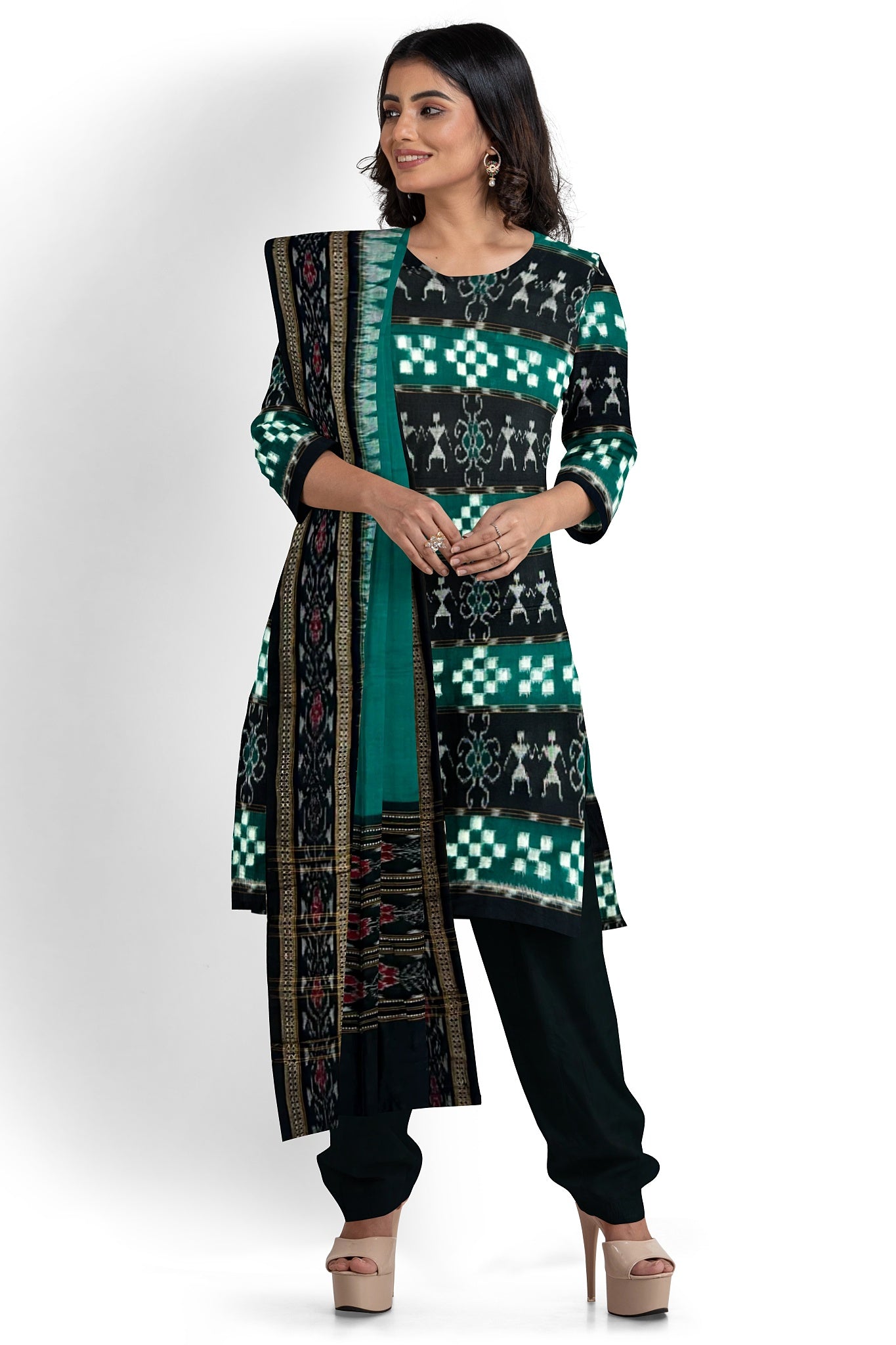 Green & Black Top With Black Pant & Green Chunri Pasapalli Dress Set