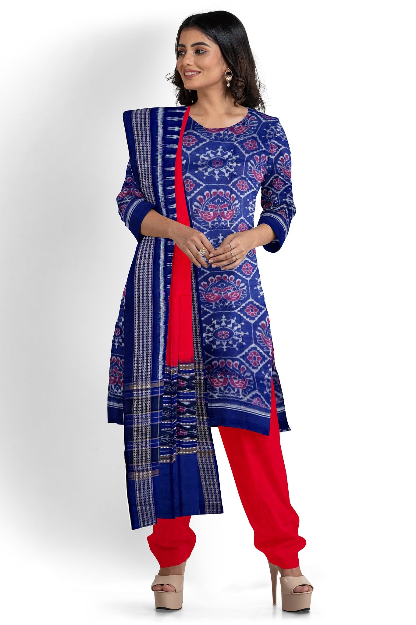 Blue Top With Red Pant & Chunri Body Bandha Dress Set