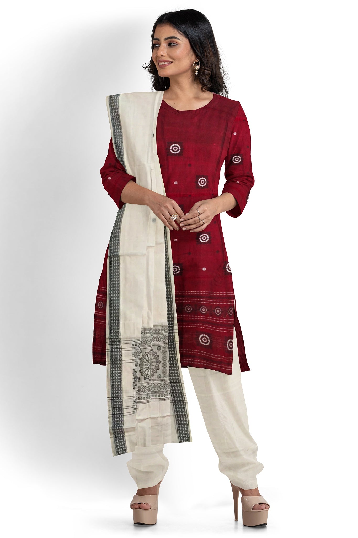 Maroon With White Pant & Chunri Bomkai Dress Set
