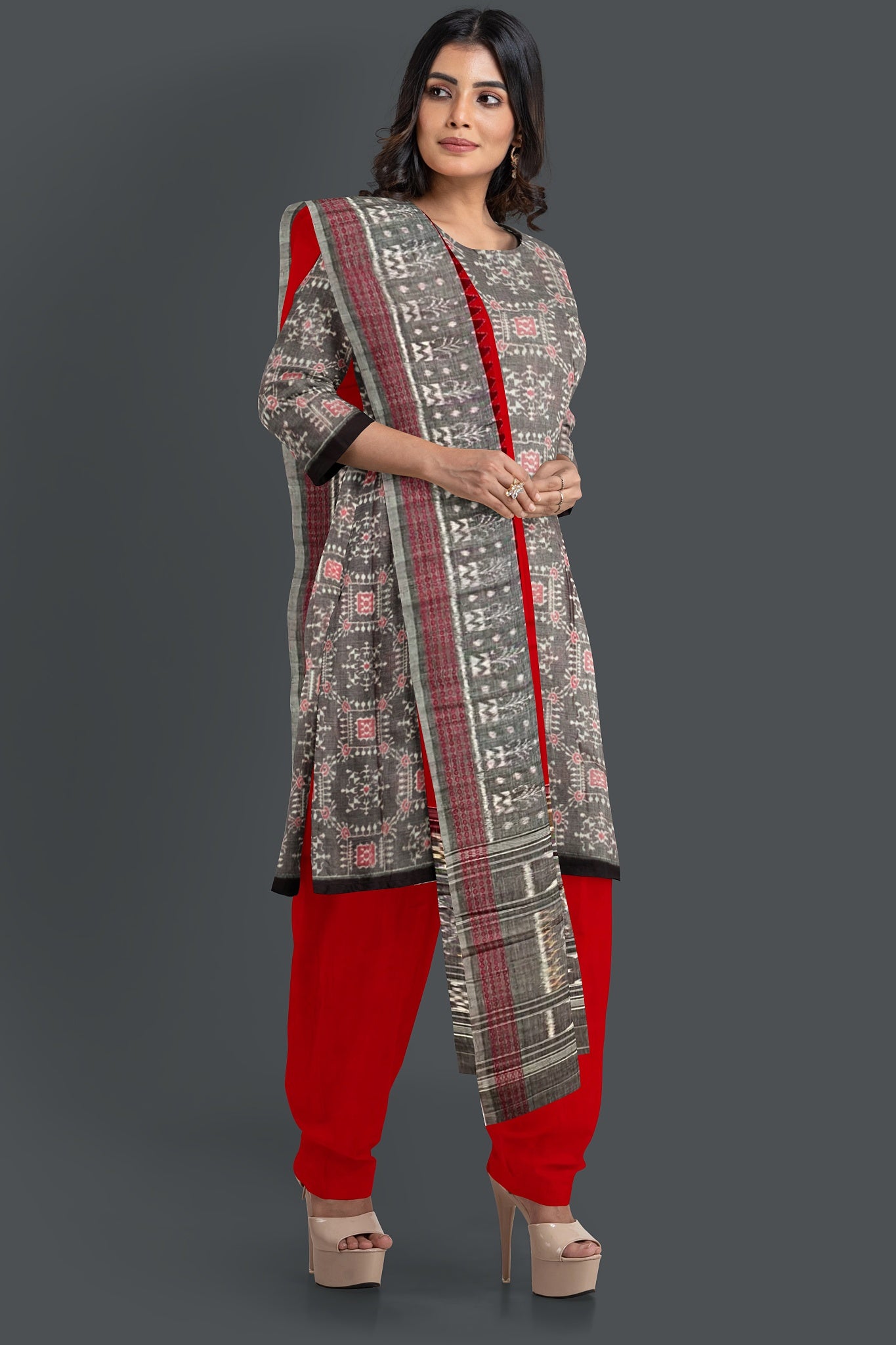 Redish silver Top With Red Pant & Chunri Body Bandha Dress Set
