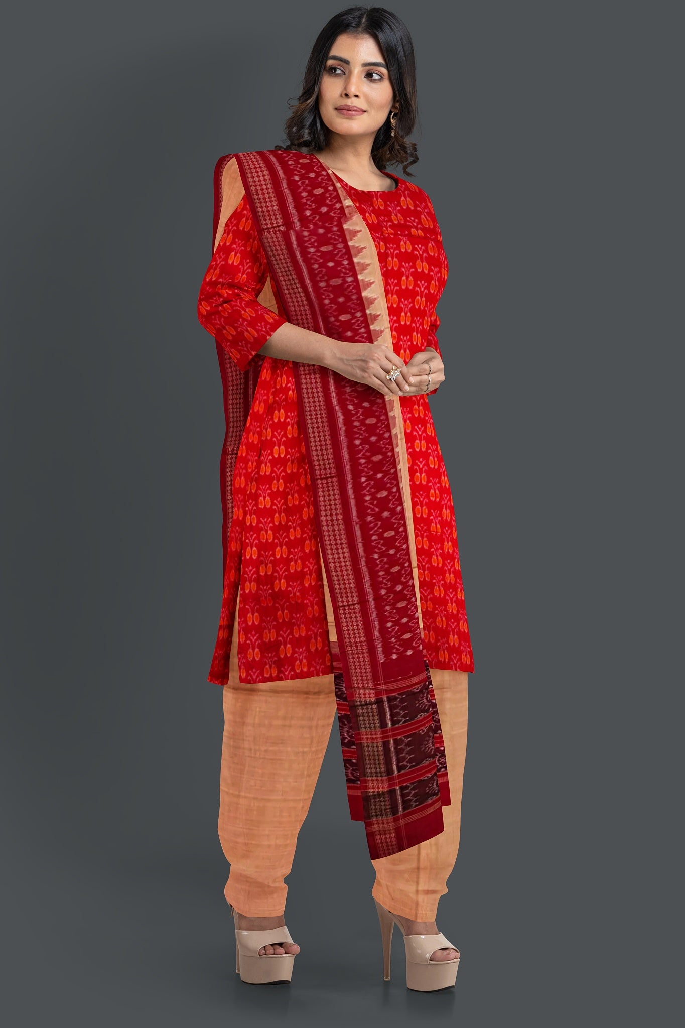 Red Top With Peach Pant & Chunri Body Bandha Dress Set