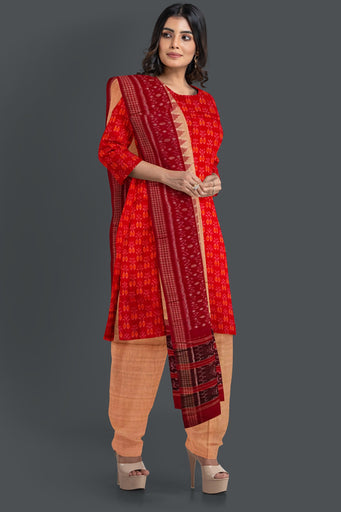 Red Top With Peach Pant & Chunri Body Bandha Dress Set