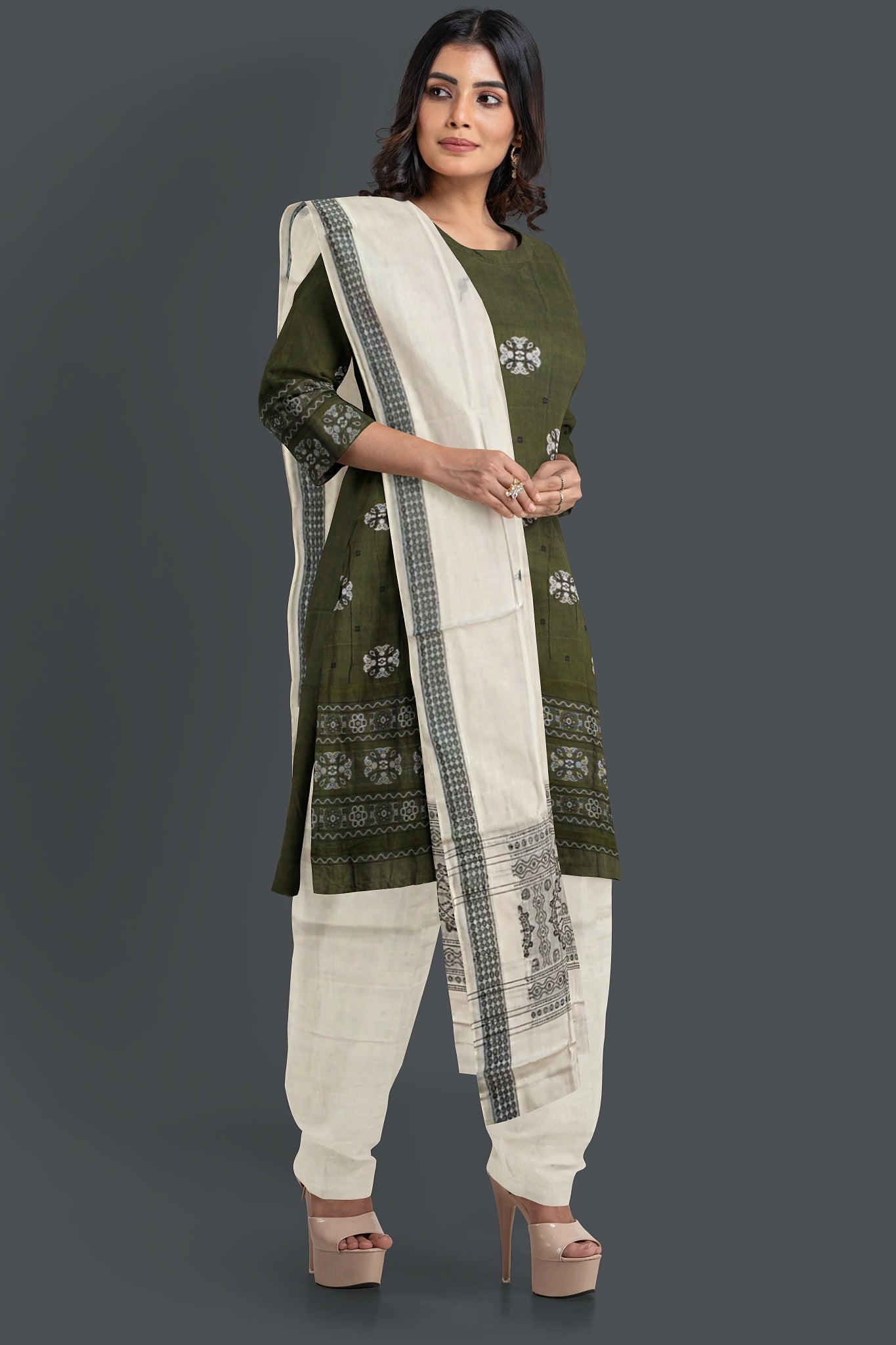 Dark Olive Green Top With White Pant & Chunri Bomkai Dress Set