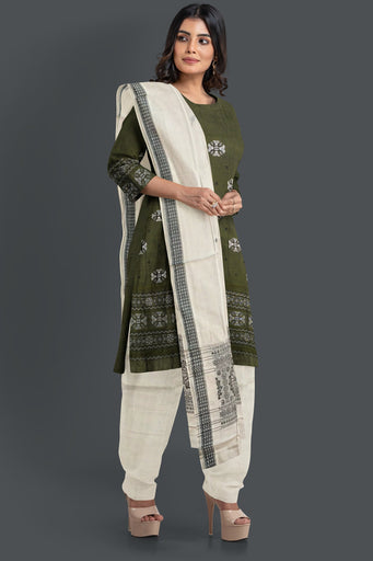 Dark Olive Green Top With White Pant & Chunri Bomkai Dress Set