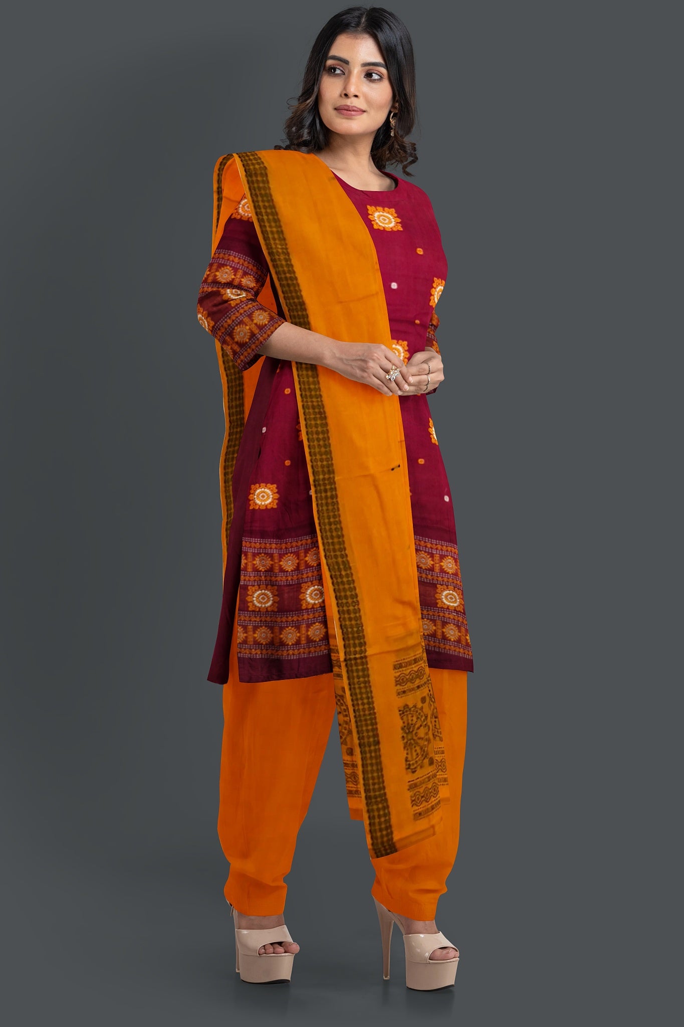 Maroon With Yellow Pant & Chunri Bomkai Dress Set