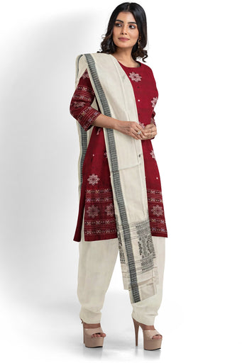 Deep Maroon With White Pant & Chunri Bomkai Dress Set