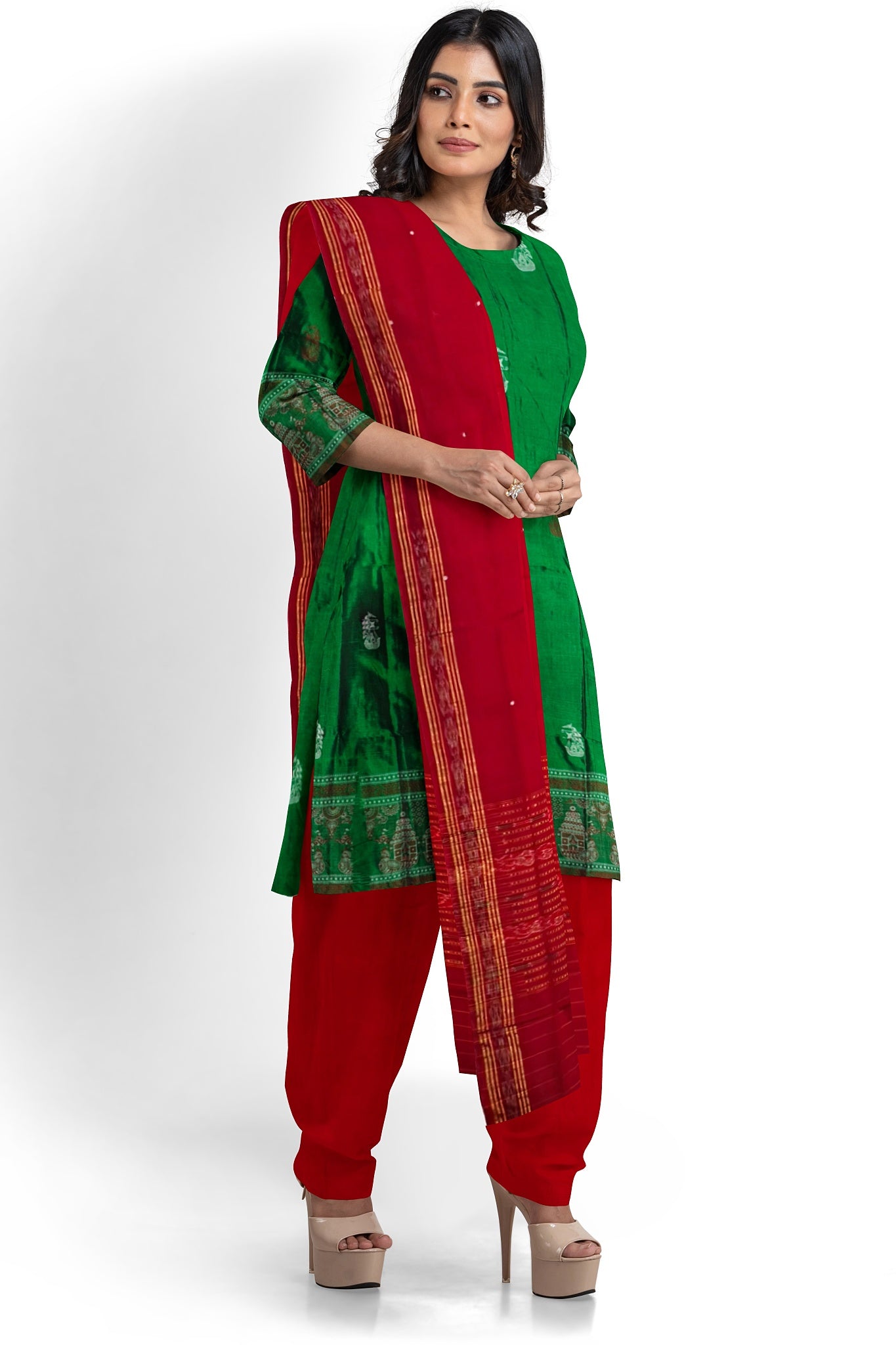 Green Deep Rust Color Pant & Chunri Bomkai Dress Set
