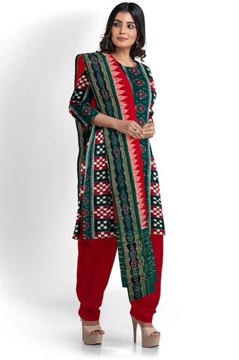 Green Top With Red Pant & Chunri Pasapalli Dress Set