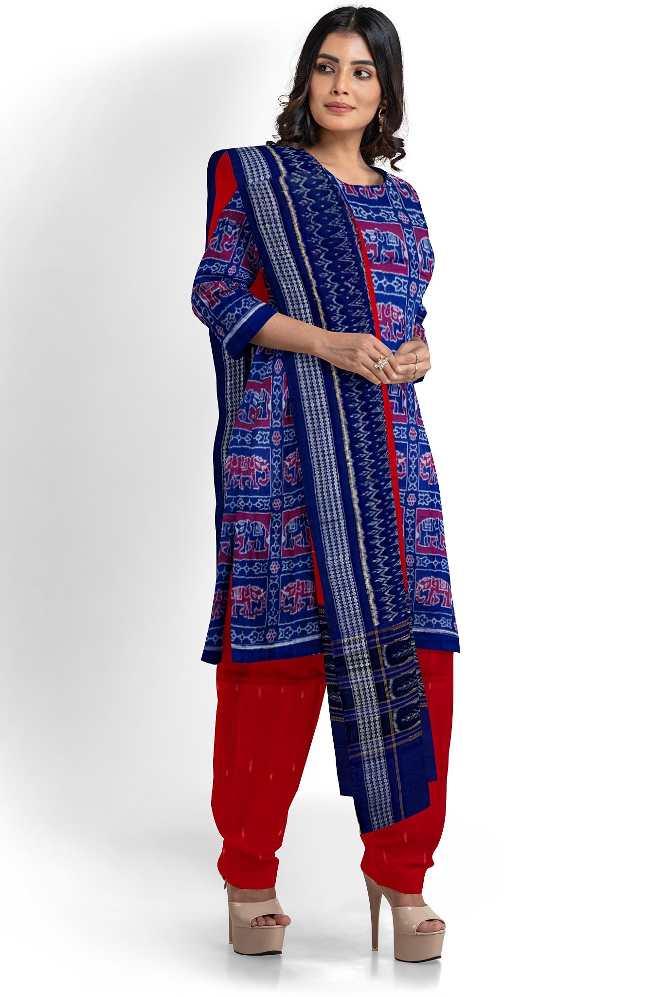 Blue Top With Red Pant & Chunri Body Bandha Dress Set