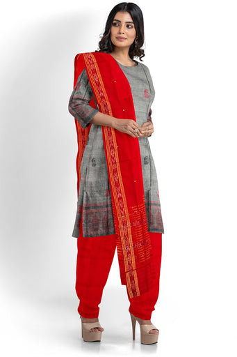 Deep Blue Top With Red Pant & Rust Chunri Bomkai Dress Set