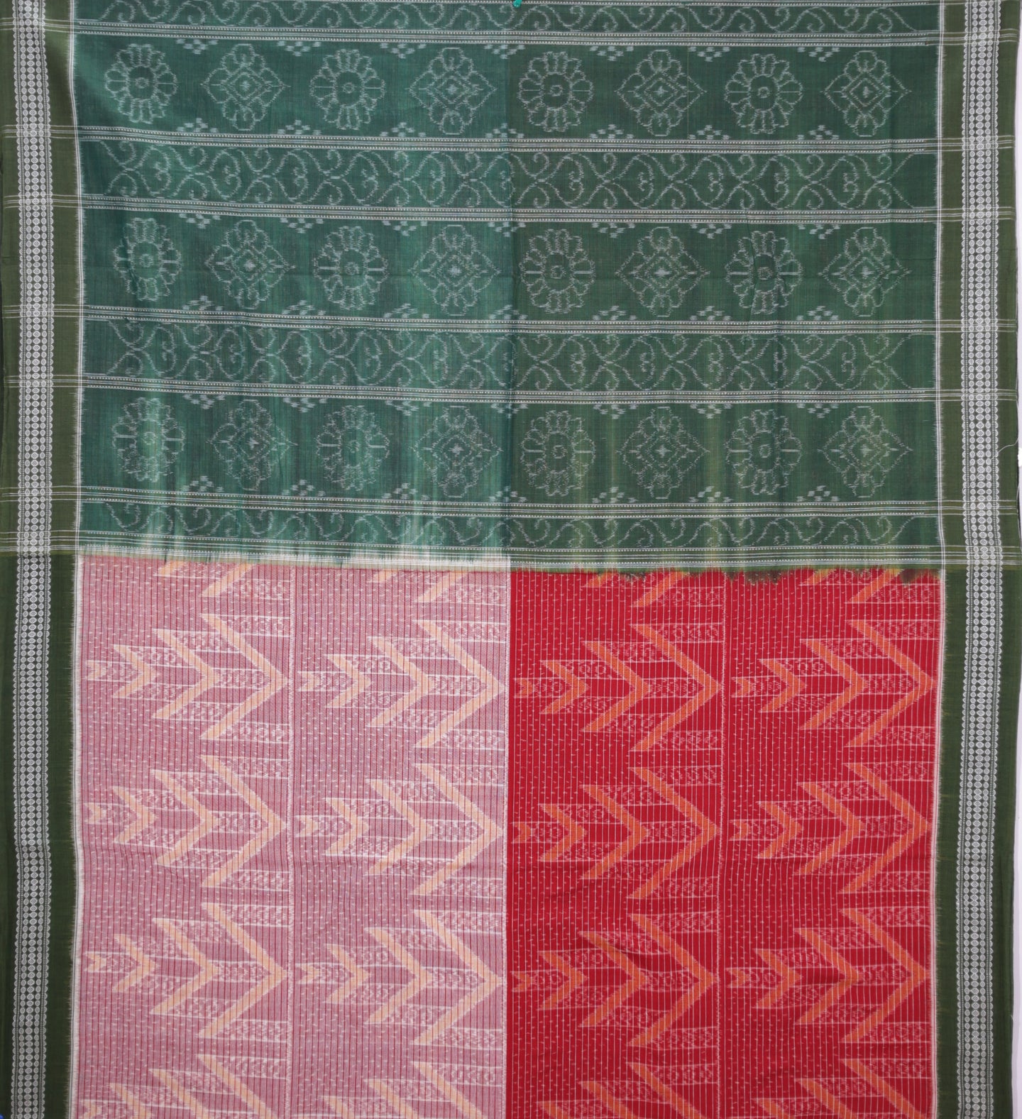 Red And White Body With Olive Green Body Bandha Saree(With Out Blouse)