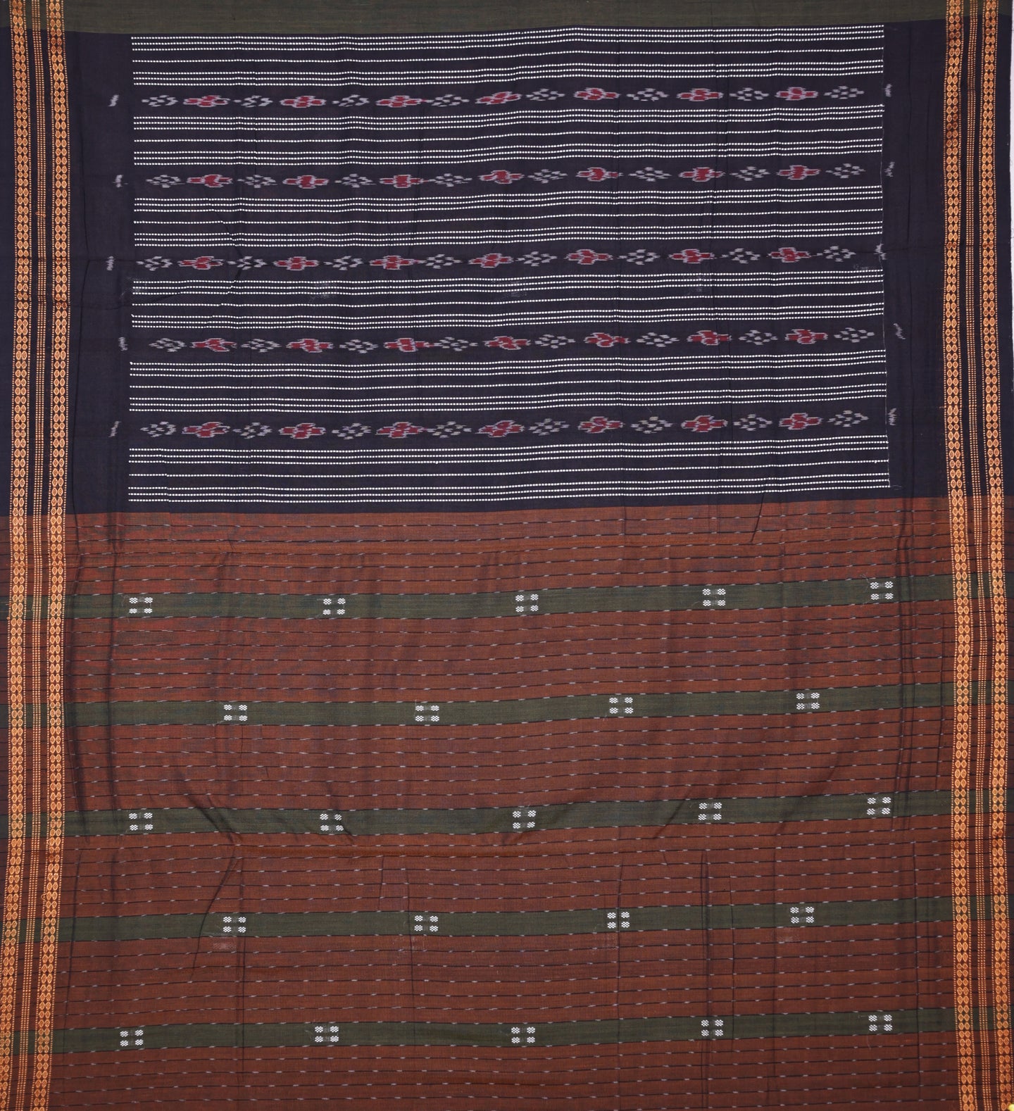 Olive Green And Brown Bomkai Line Butti Saree