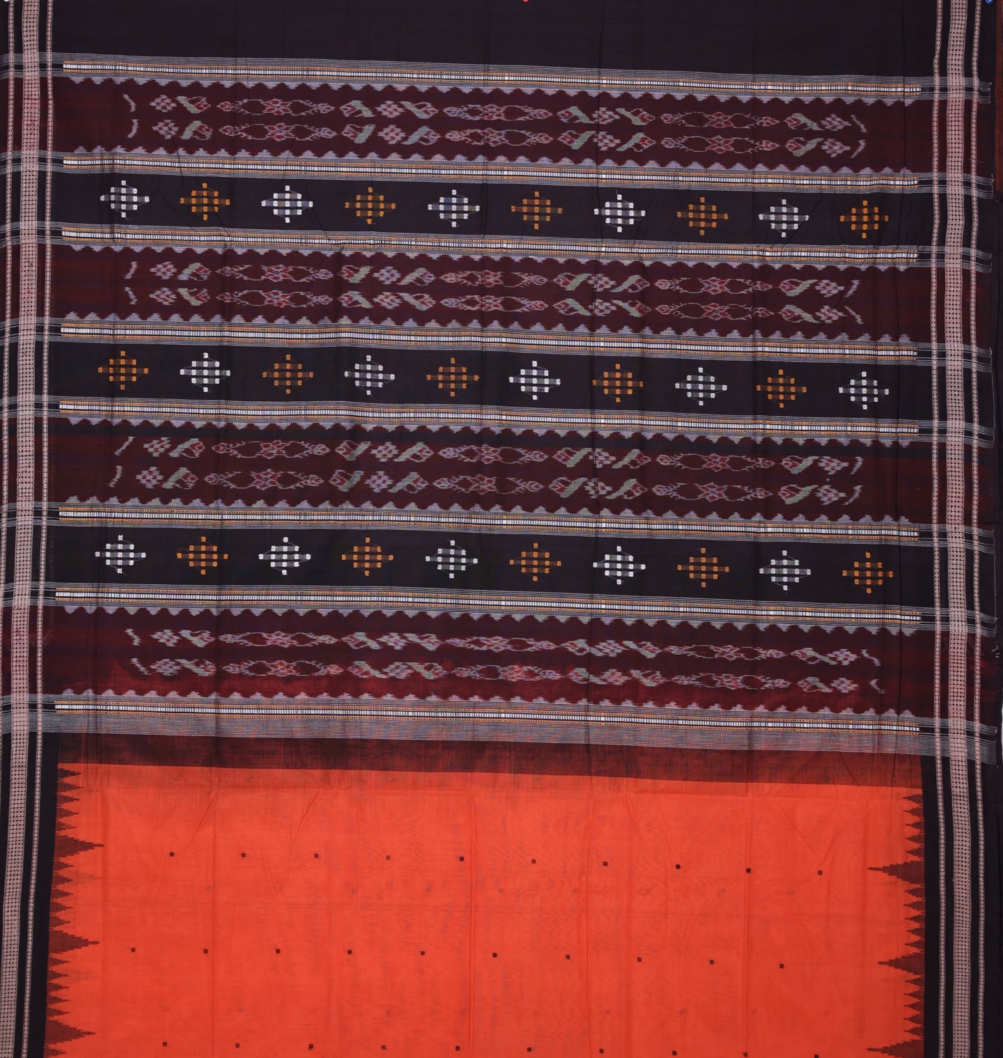 Orange Temple Border Cotton Bapta Saree