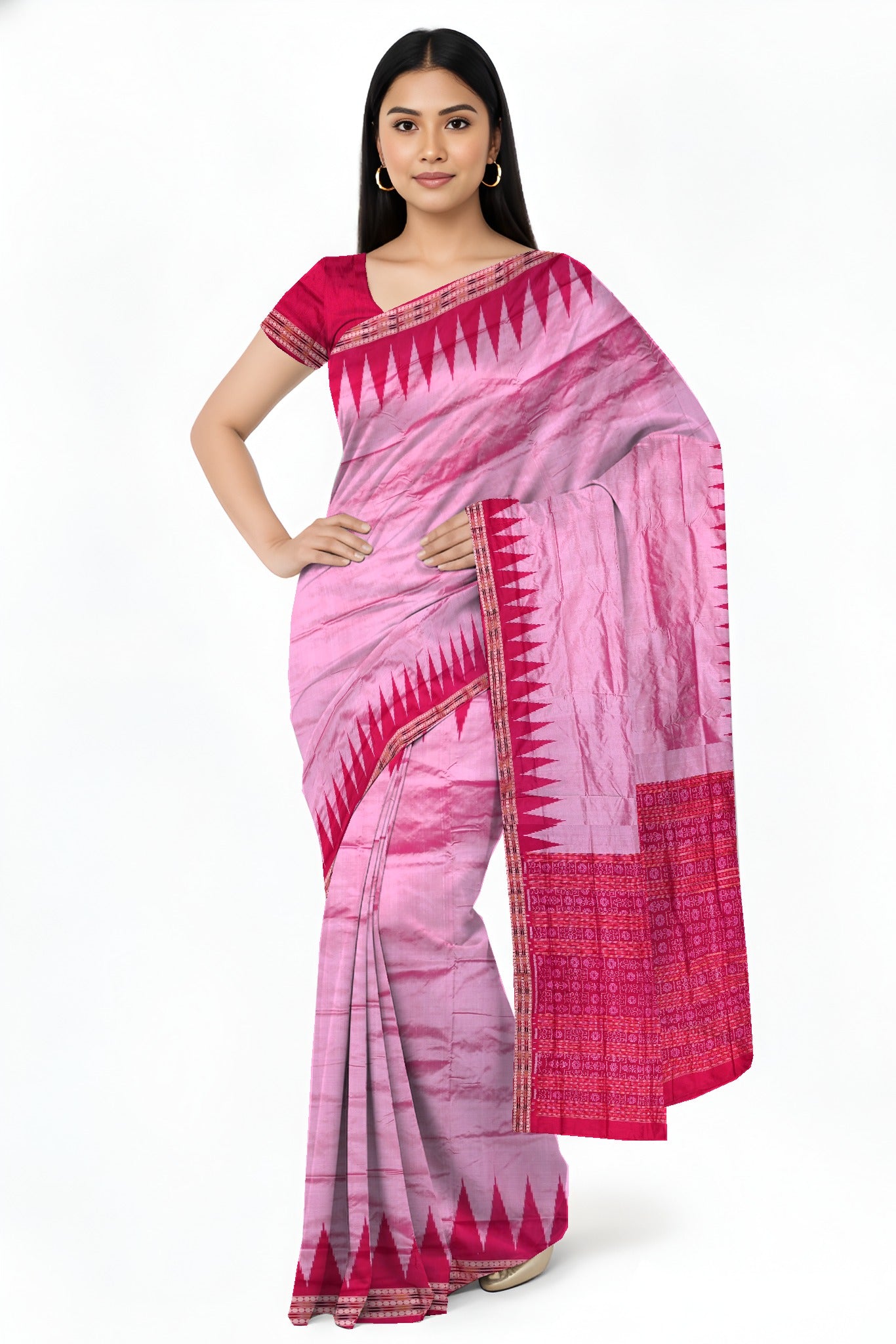 Rose Pink Big Temple Border Sambalpuri Saree | Odisha Handloom GI Tagged | Devnika