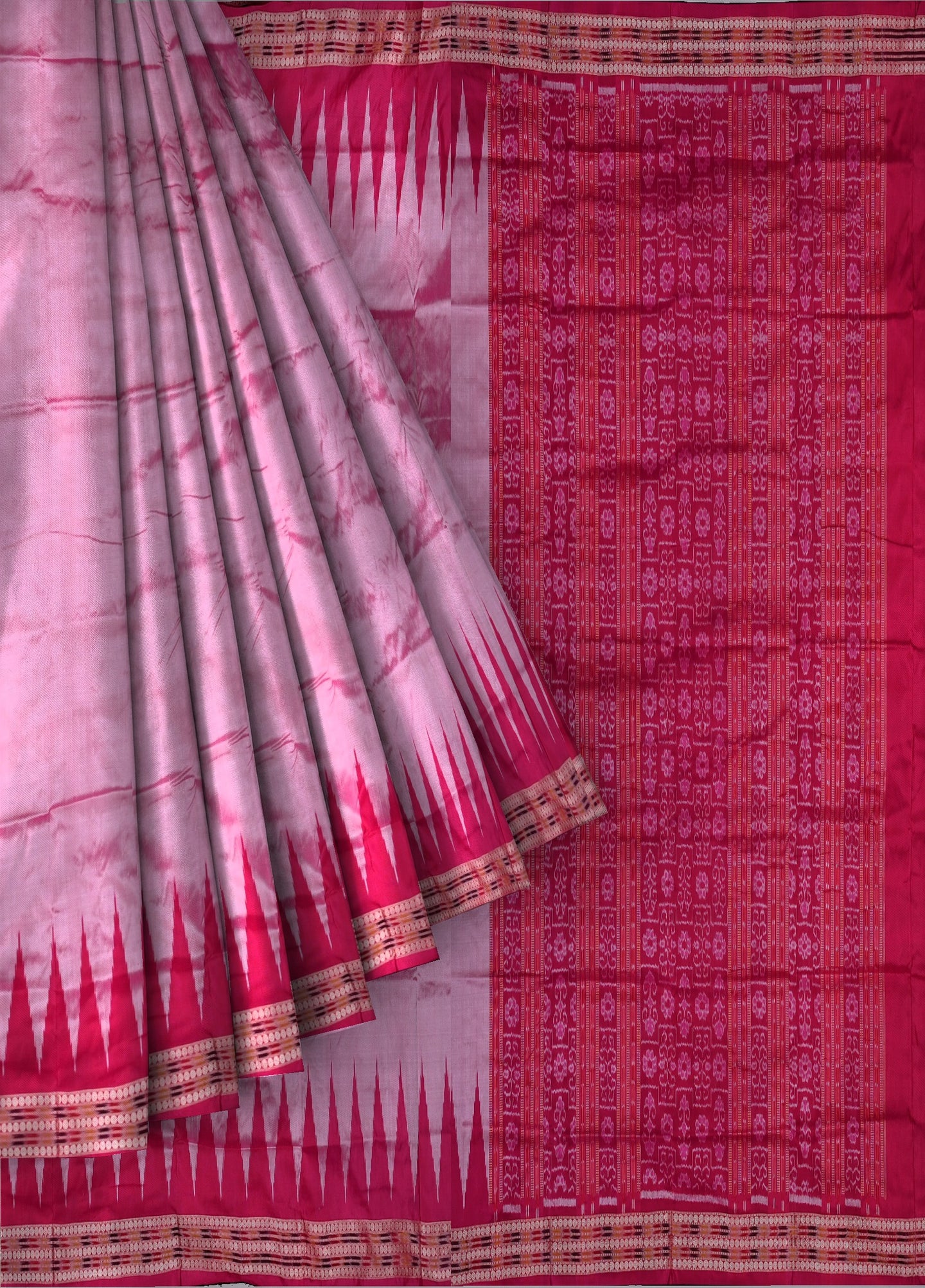 Rose Pink Big Temple Border Sambalpuri Saree | Odisha Handloom GI Tagged | Devnika