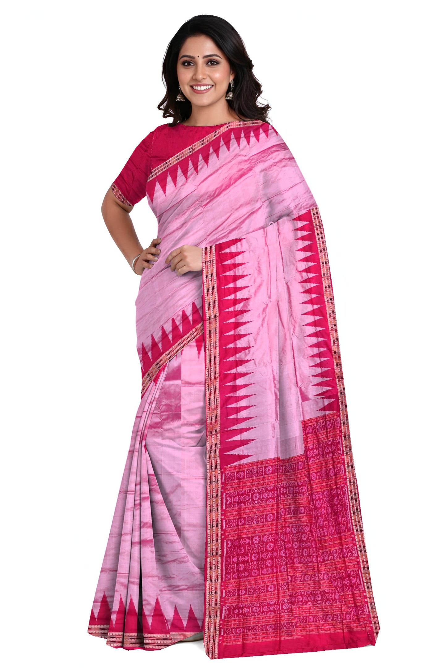 Rose Pink Big Temple Border Sambalpuri Saree | Odisha Handloom GI Tagged | Devnika