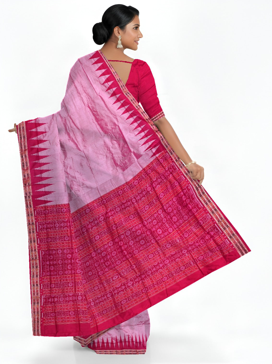 Rose Pink Big Temple Border Sambalpuri Saree | Odisha Handloom GI Tagged | Devnika