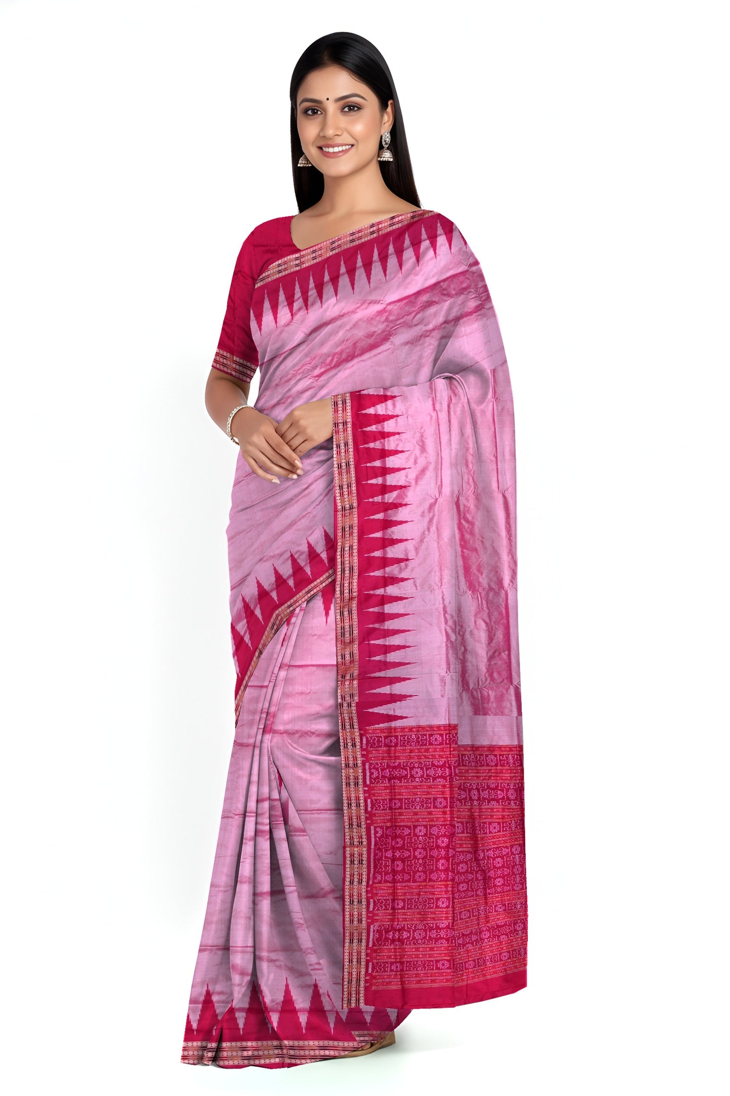 Rose Pink Big Temple Border Sambalpuri Saree | Odisha Handloom GI Tagged | Devnika