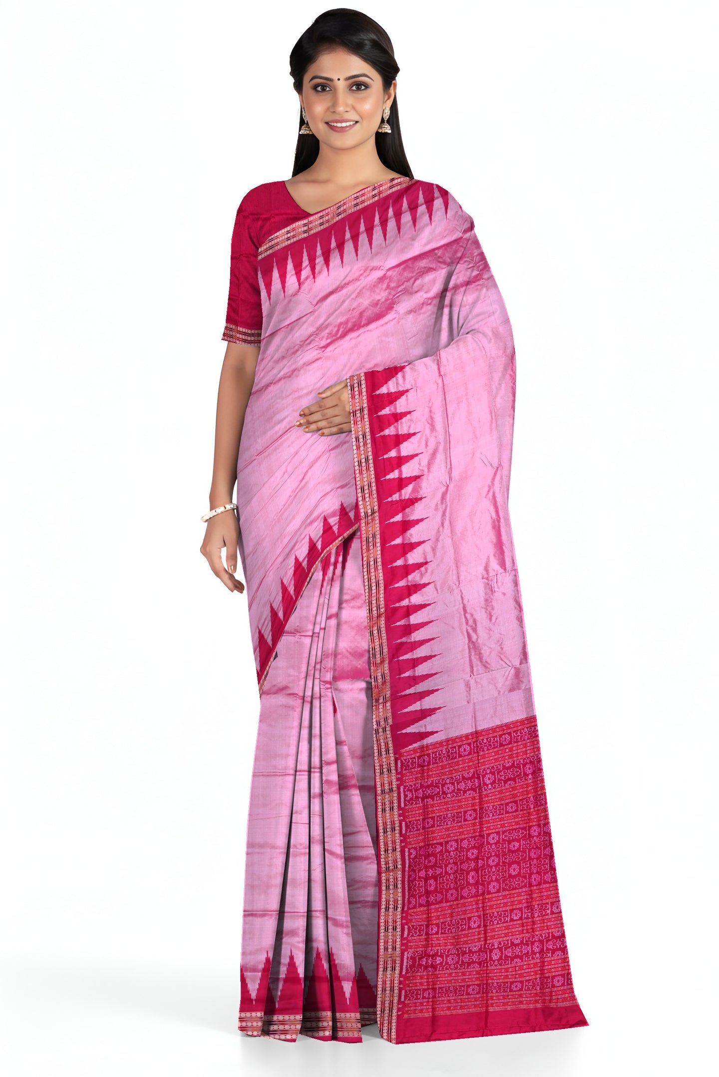 Rose Pink Big Temple Border Sambalpuri Saree | Odisha Handloom GI Tagged | Devnika