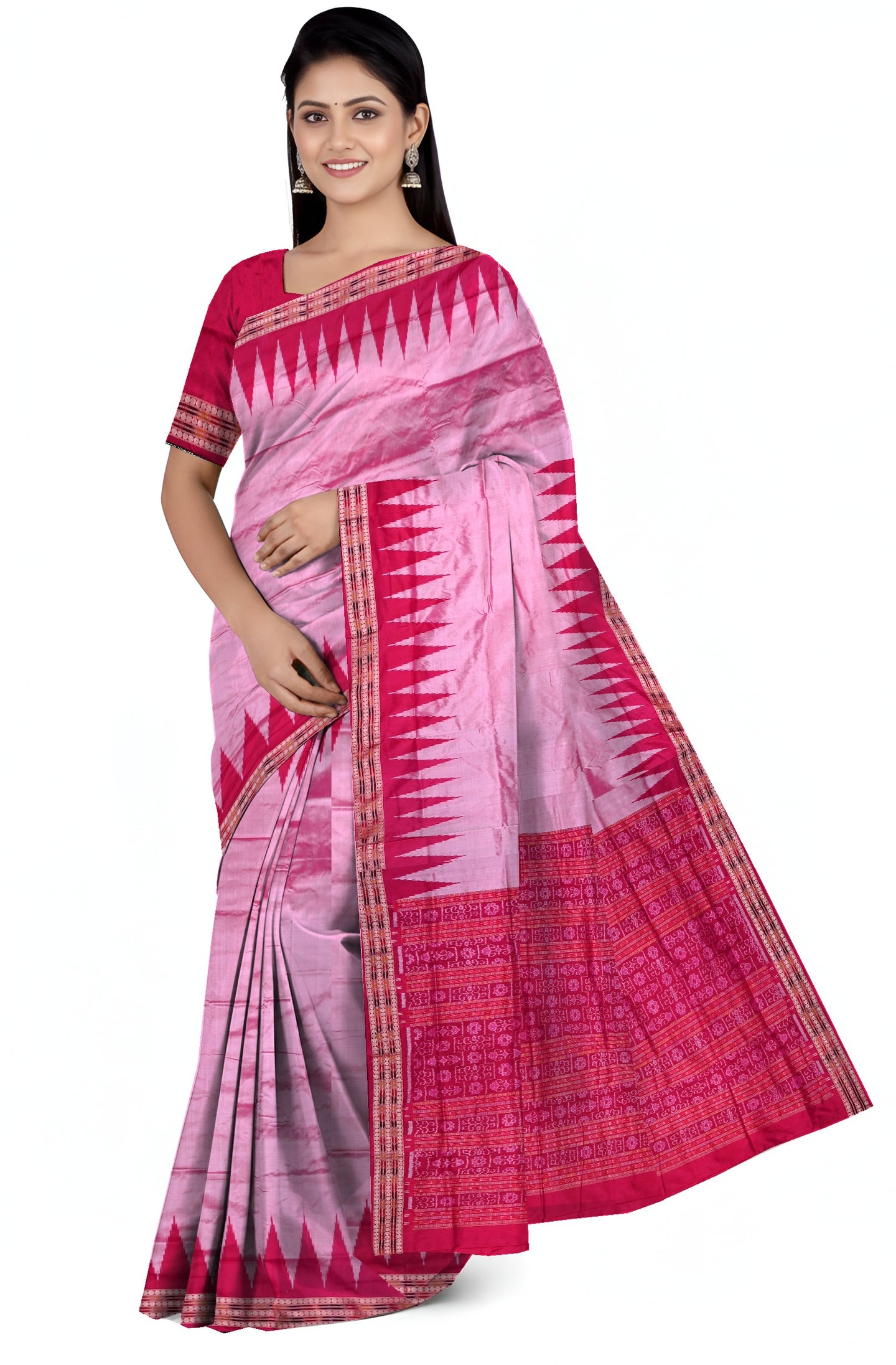 Rose Pink Big Temple Border Sambalpuri Saree | Odisha Handloom GI Tagged | Devnika
