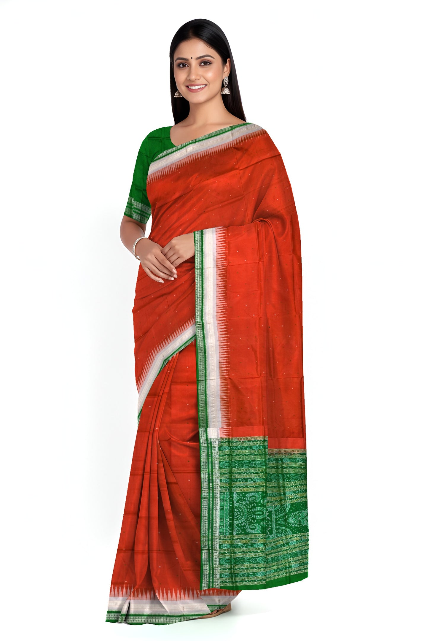 Pista Double Border Bomkai Pata Saree | Odisha Handloom GI Tagged | Devnika