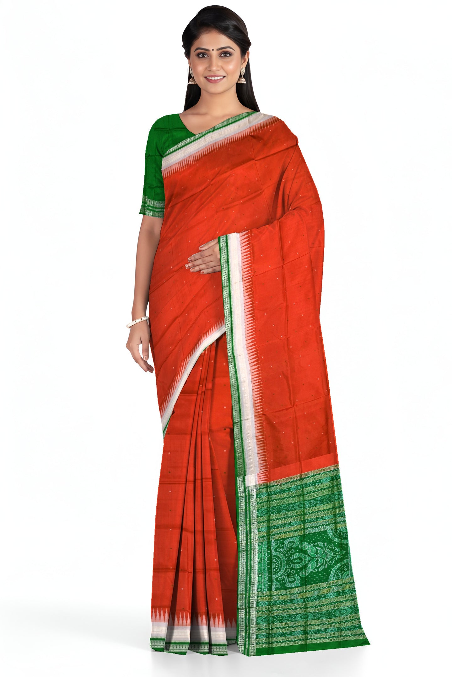 Pista Double Border Bomkai Pata Saree | Odisha Handloom GI Tagged | Devnika