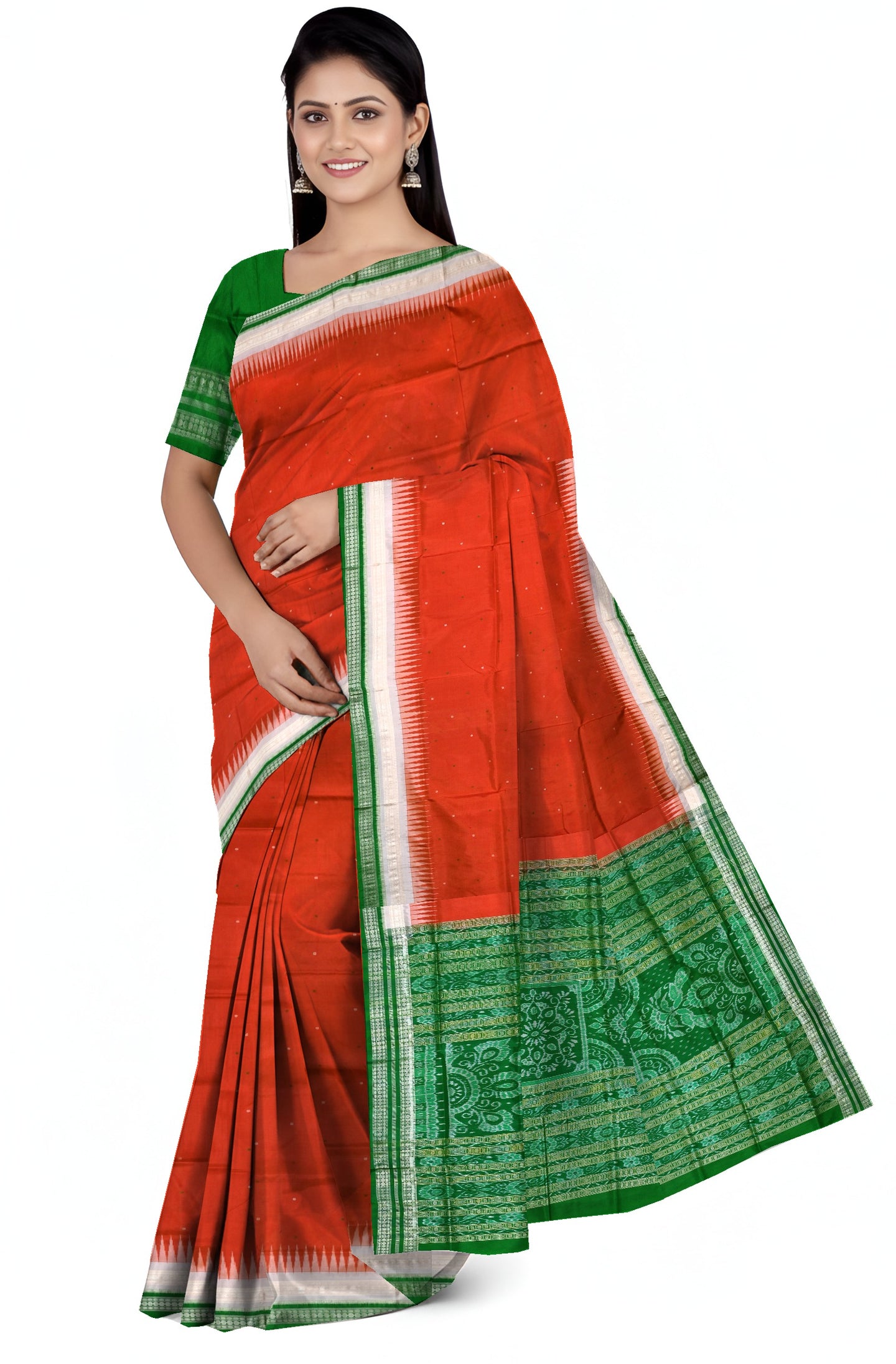 Pista Double Border Bomkai Pata Saree | Odisha Handloom GI Tagged | Devnika