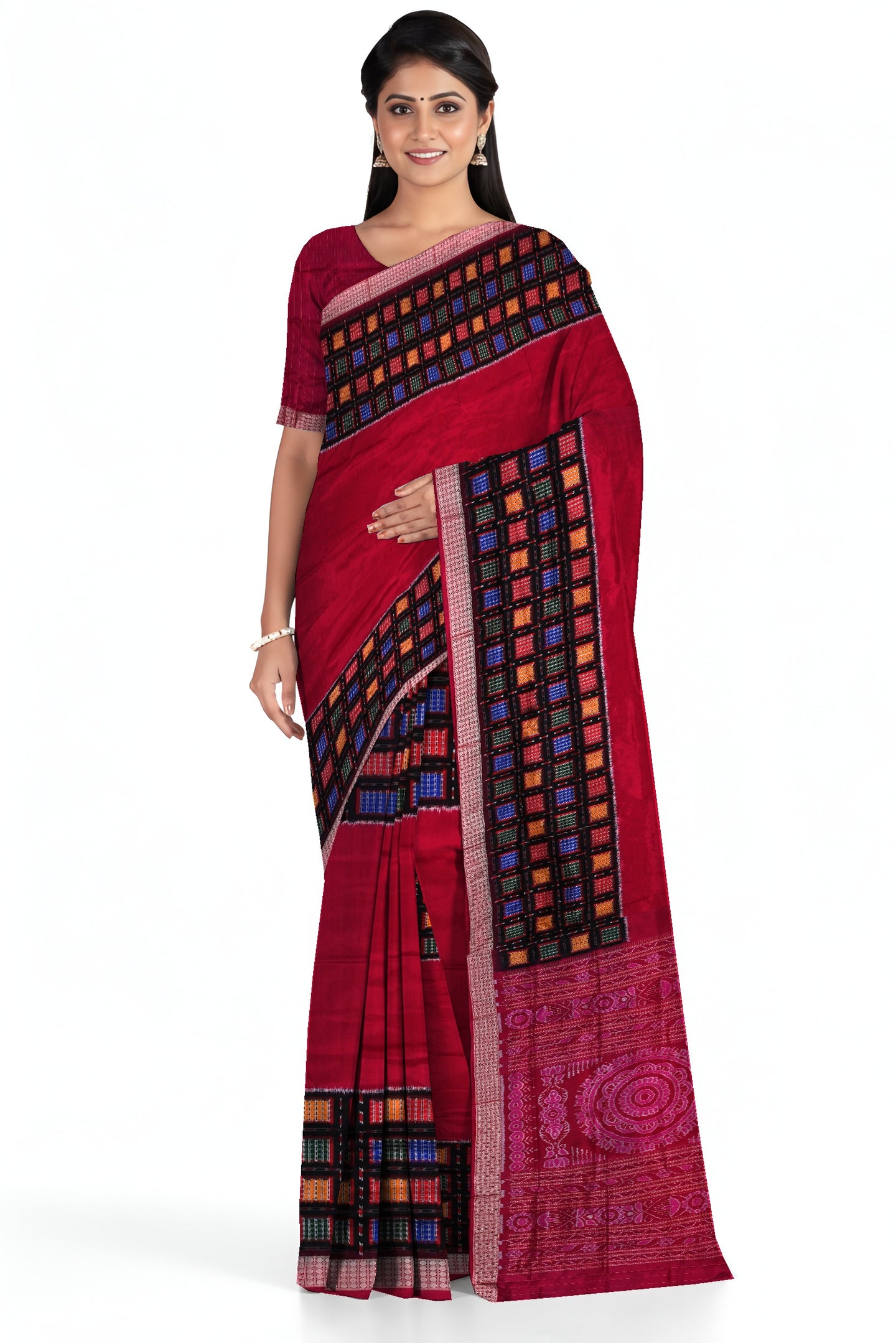Deep Magenta Aswini Border Pata Saree | Odisha Handloom GI Tagged | Devnika